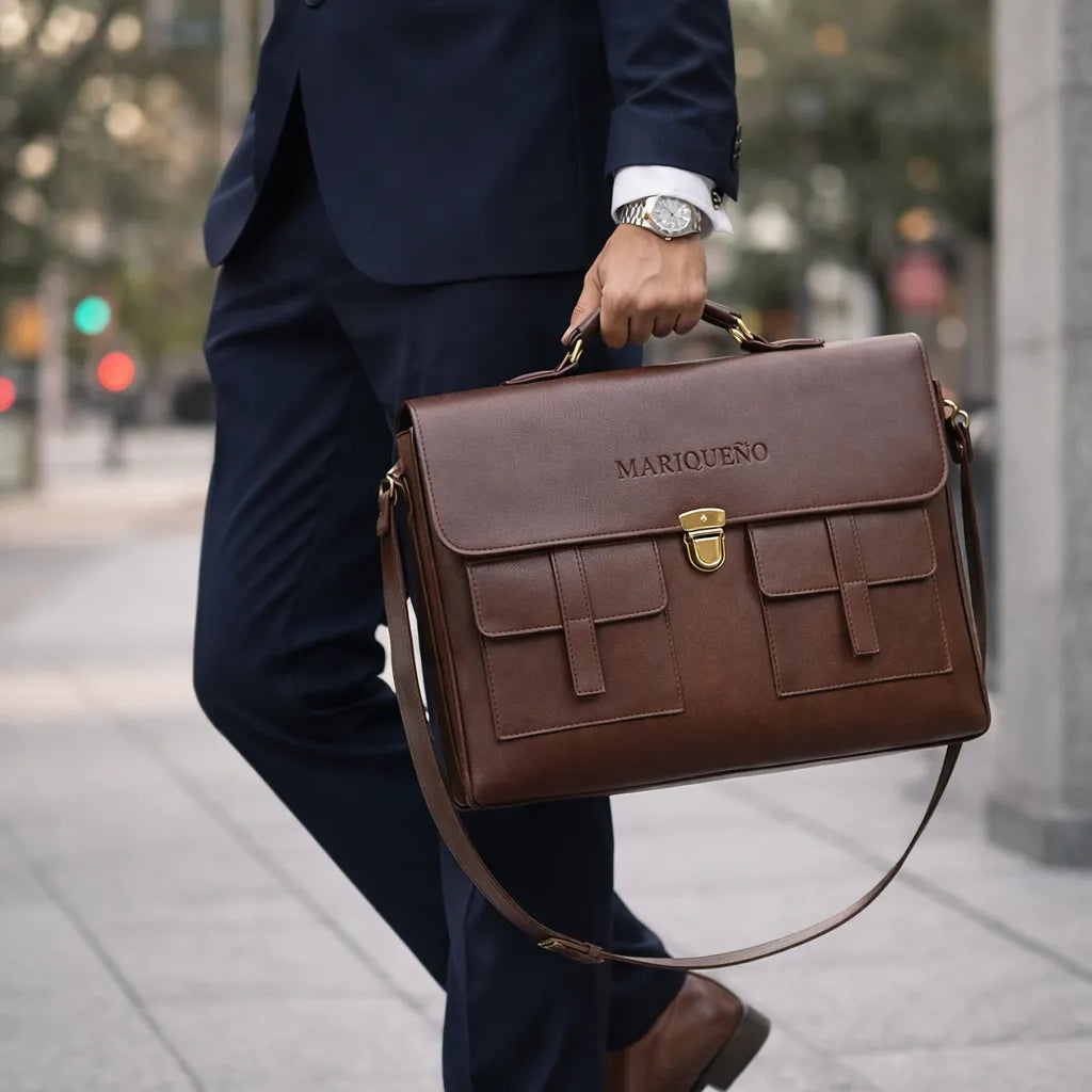 Man in a suit walking with a brown leather briefcase labeled 'MARIQUENO' on a city street.
#color_walnut