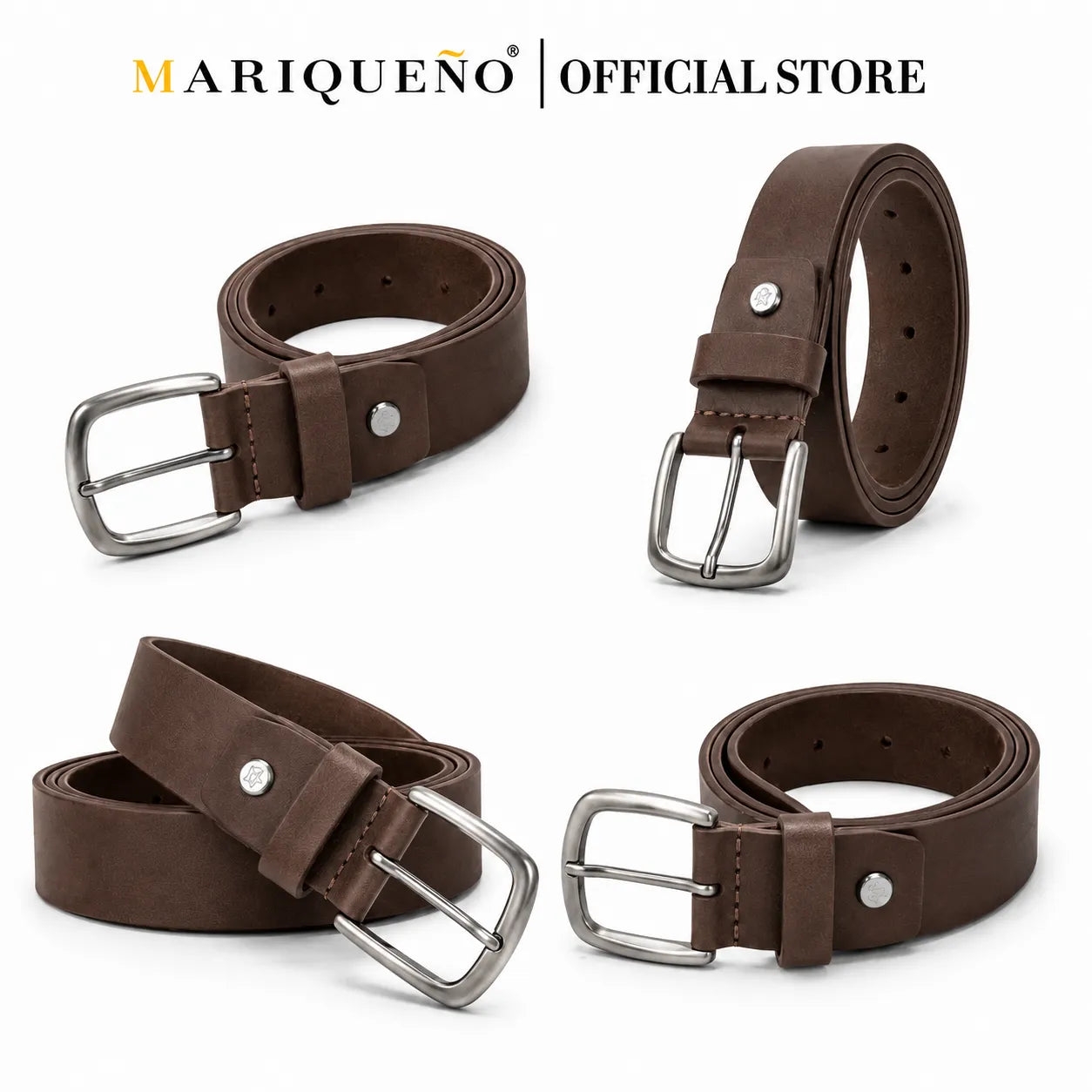 Brown leather belts with silver buckles on a white background, featuring the Mariqueño brand.
#color_choco brown