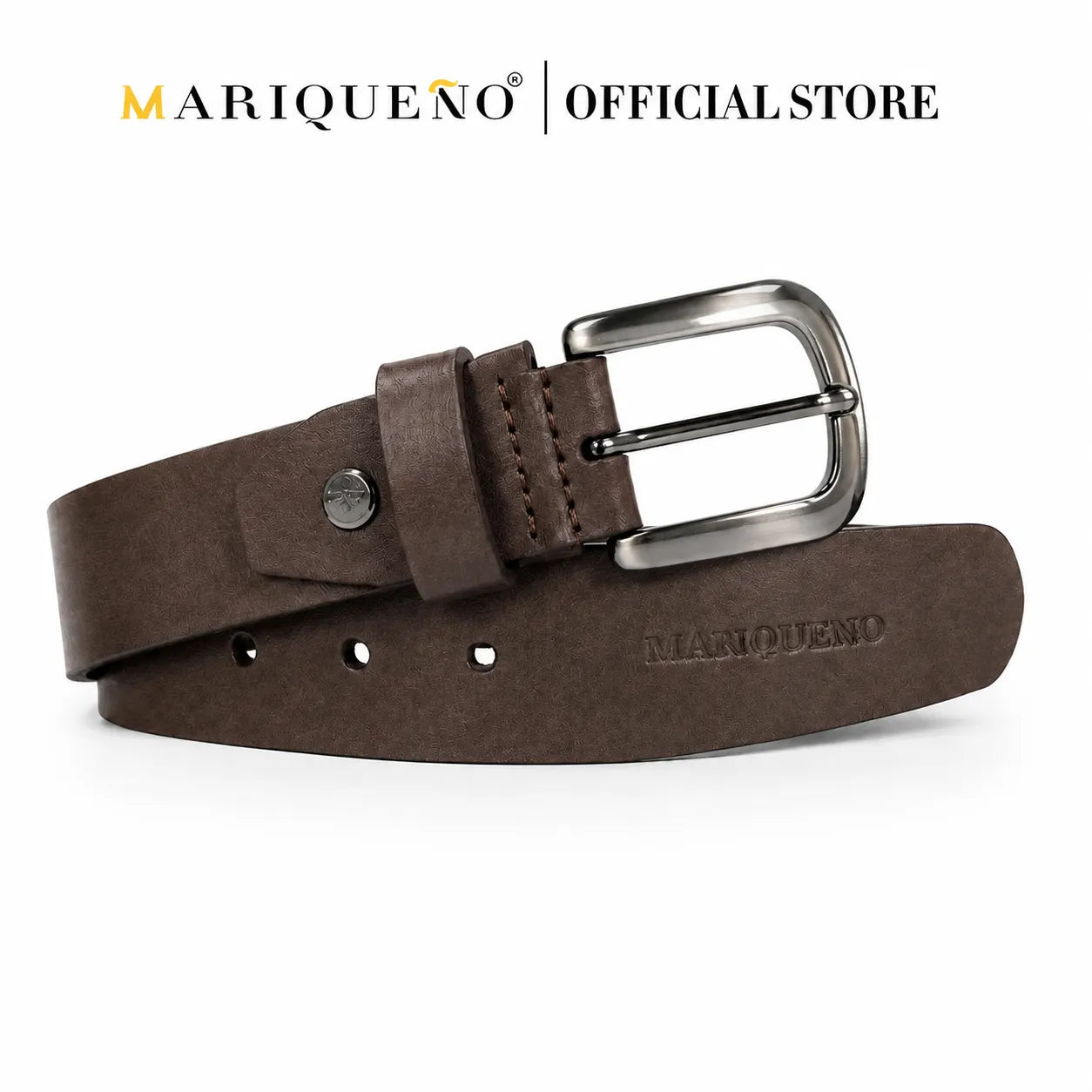 Brown leather belt with silver buckle on a white background, branded as Mariqueño.
#color_choco brown