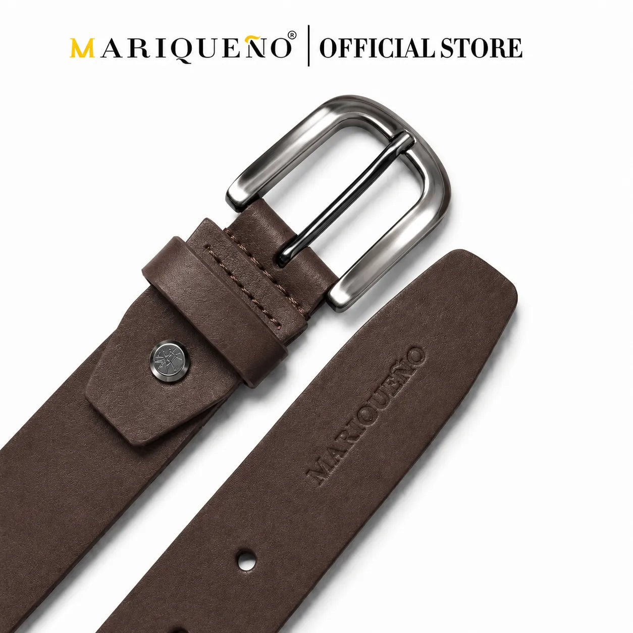 Brown leather belt with silver buckle on a white background, featuring the Marqueno brand.
#color_choco brown