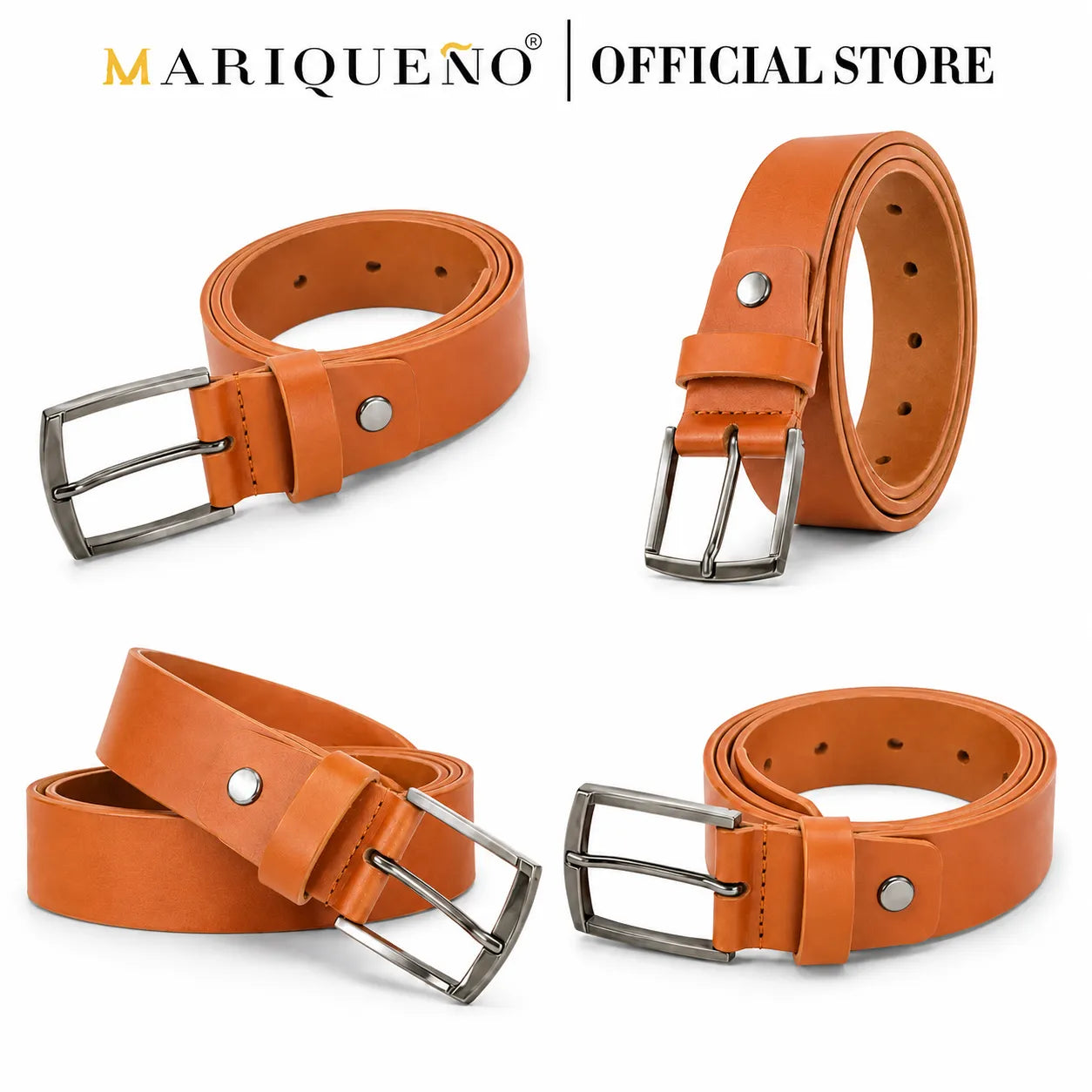 Four orange leather belts with silver buckles on a white background, featuring the Mariqueño brand
#color_tan