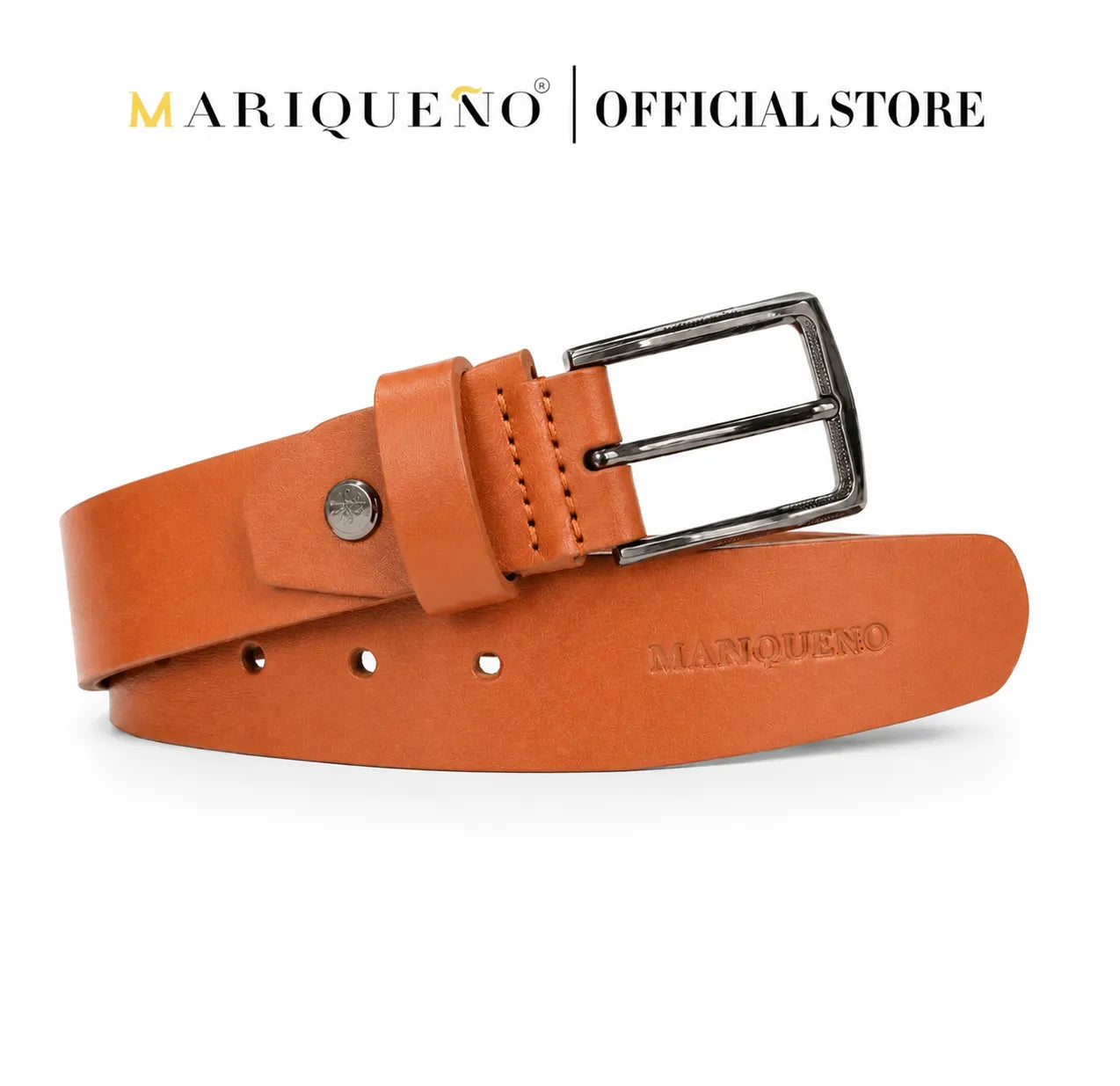 Orange leather belt with silver buckle on a white background, featuring the Mariqueño brand.
#color_tan