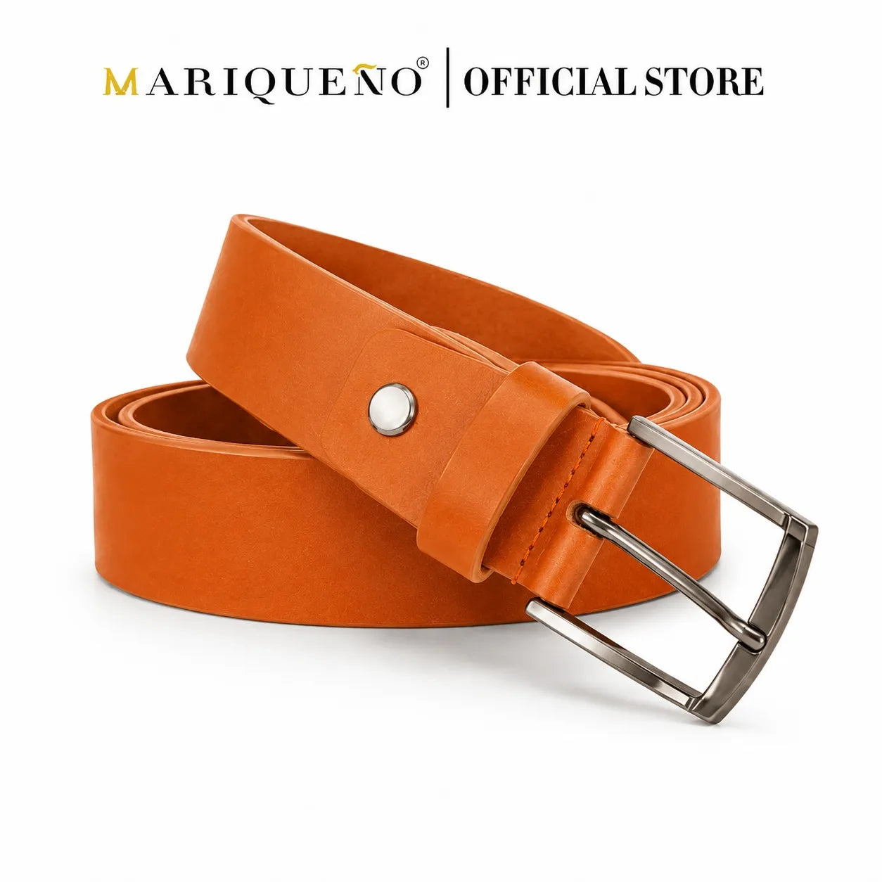 Orange belt with silver buckle on a white background, featuring the Mariqueno brand.
#color_tan