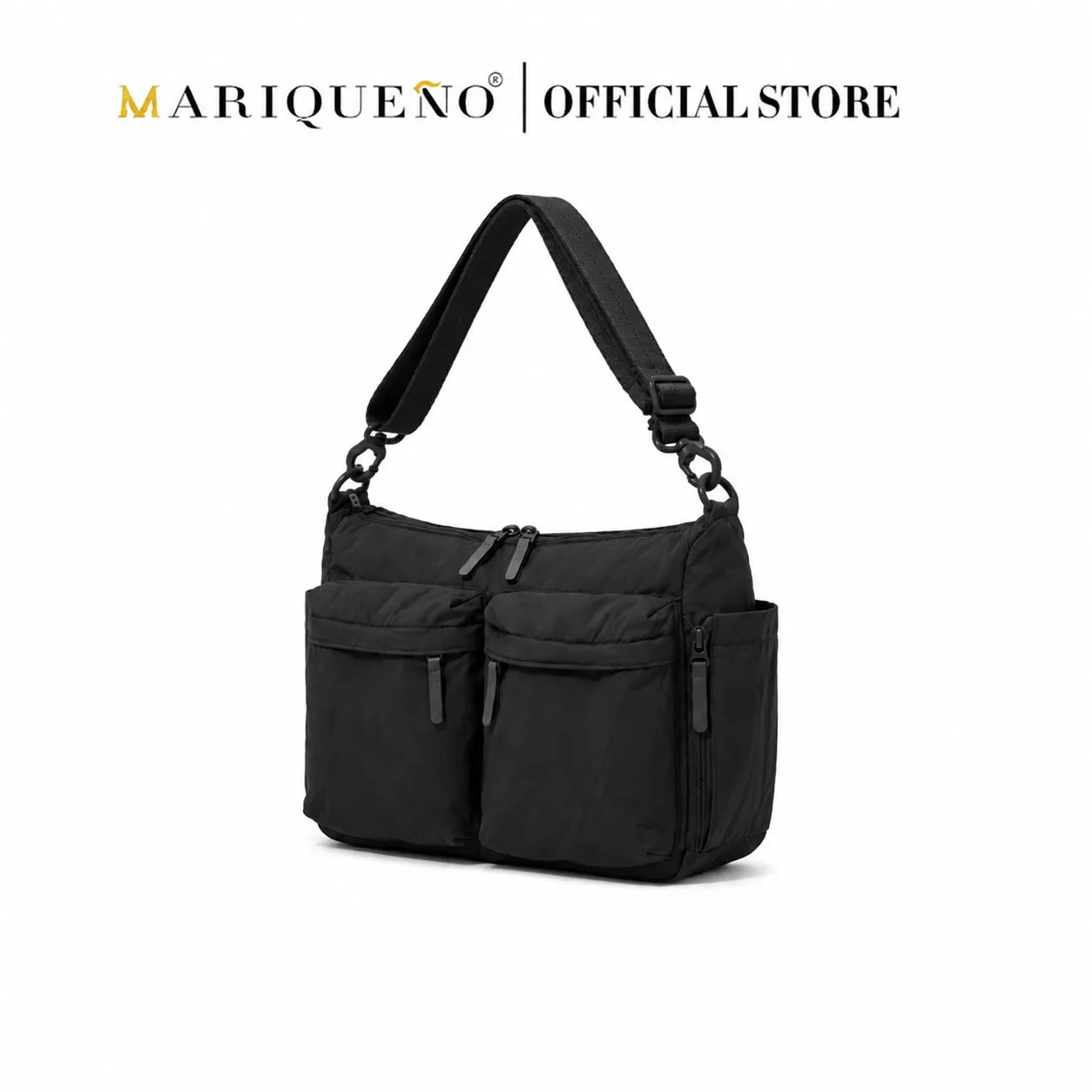 Black shoulder bag with multiple pockets on a white background, featuring the Marqueno brand.
#color_black