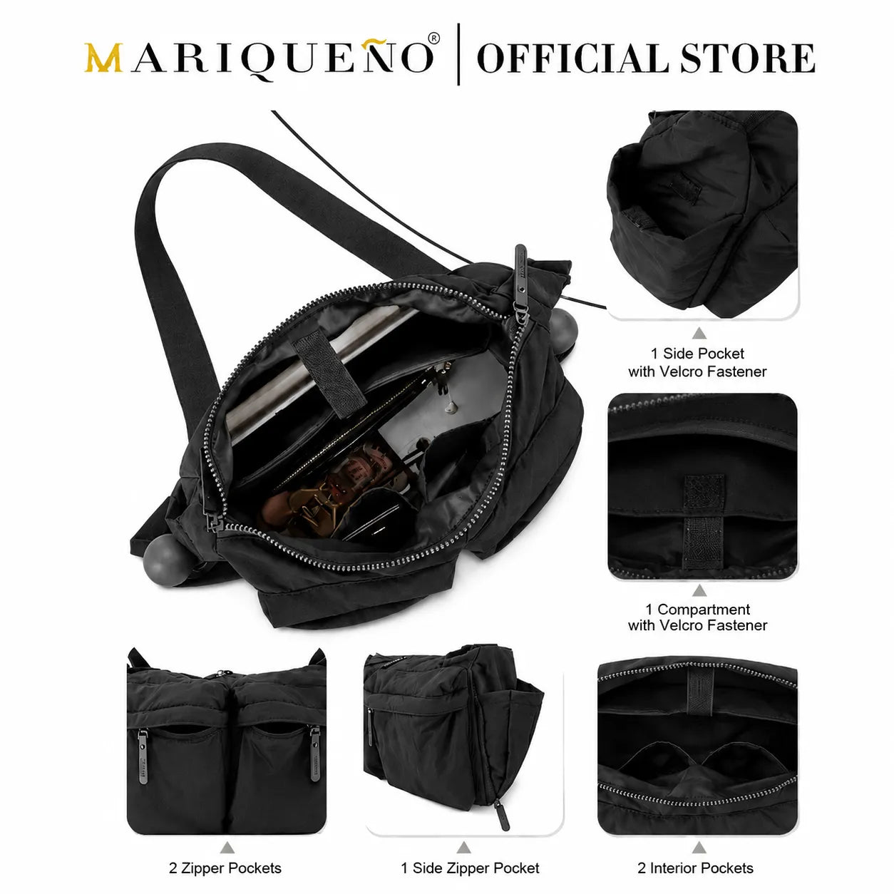 Black bag with various compartments and features labeled, branded as Mariqueno.
#color_black
