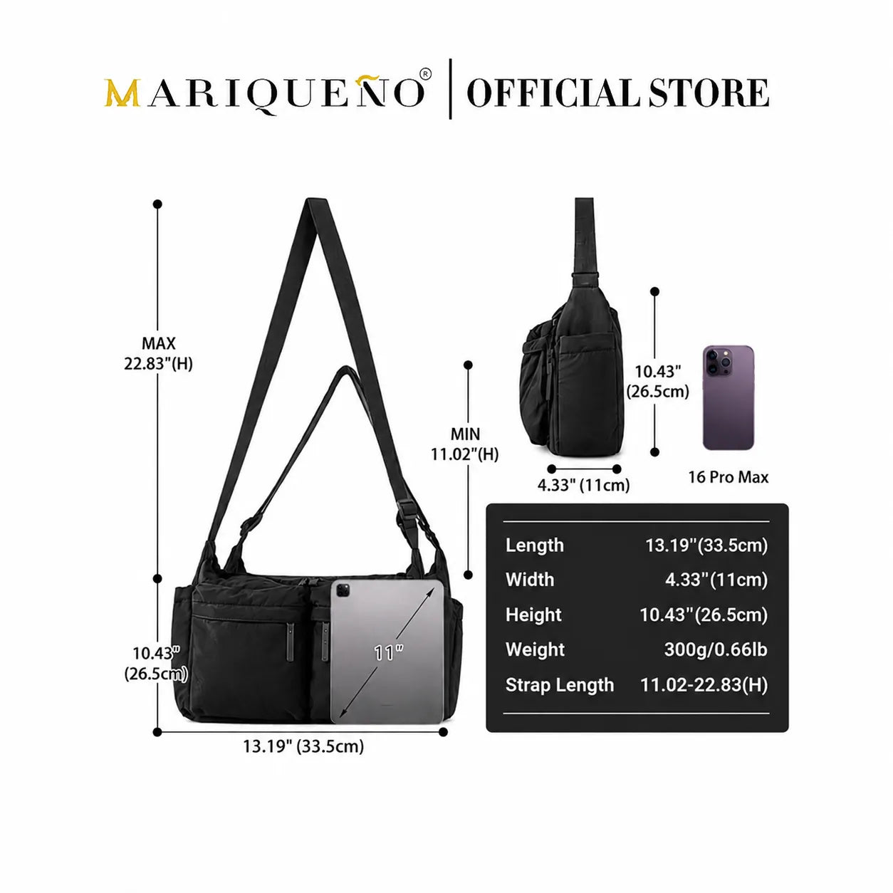Black bag with measurements and smartphone comparison on a white background, branded as Mariqueno.
#color_black