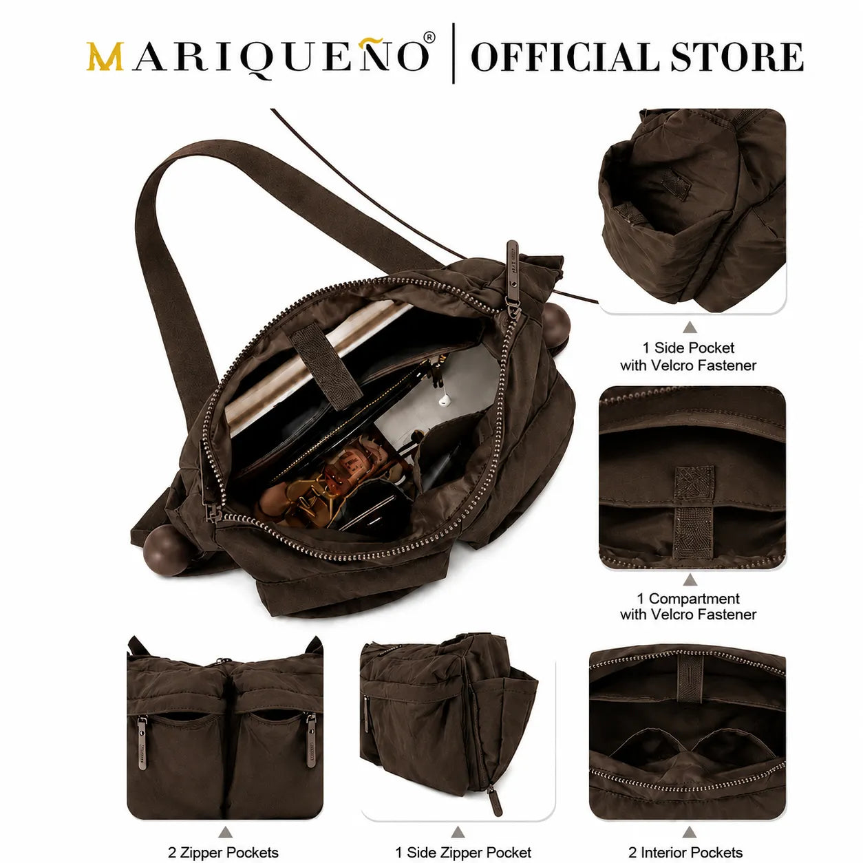 Brown bag with multiple compartments and features, displayed on a white background with 'Mariqueno' branding.
#color_coffee brown