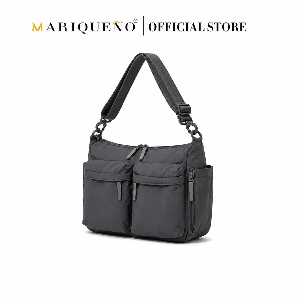 Gray shoulder bag with multiple pockets on a white background, featuring the Mariqueno brand.
#color_dark gray