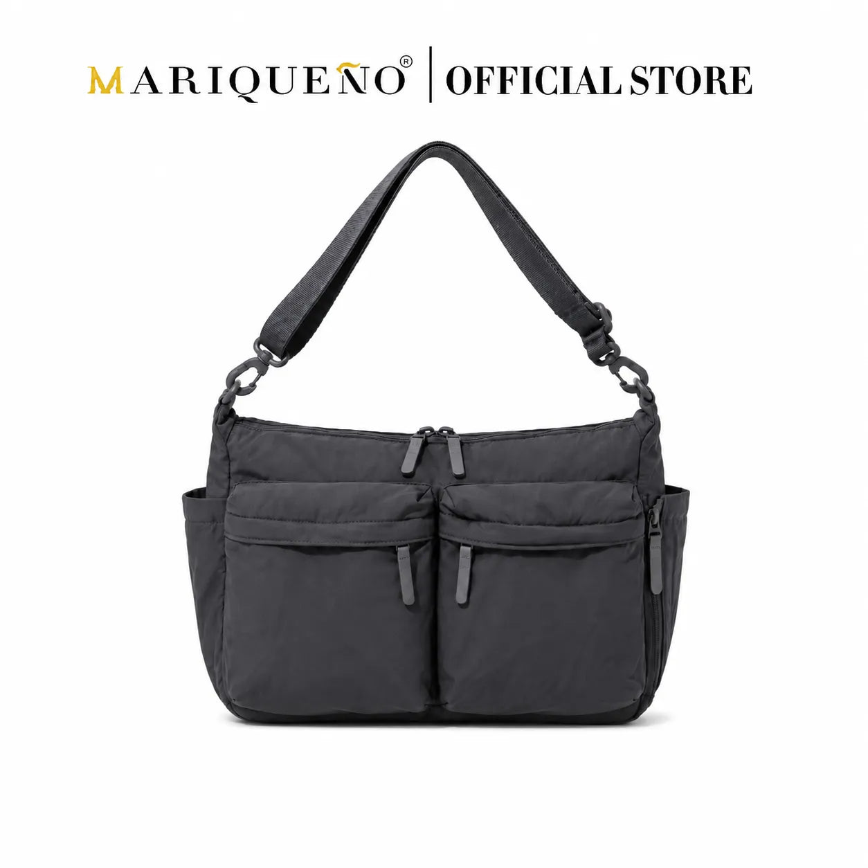 Gray handbag with multiple pockets on a white background, featuring the Marqueño brand.
#color_dark gray