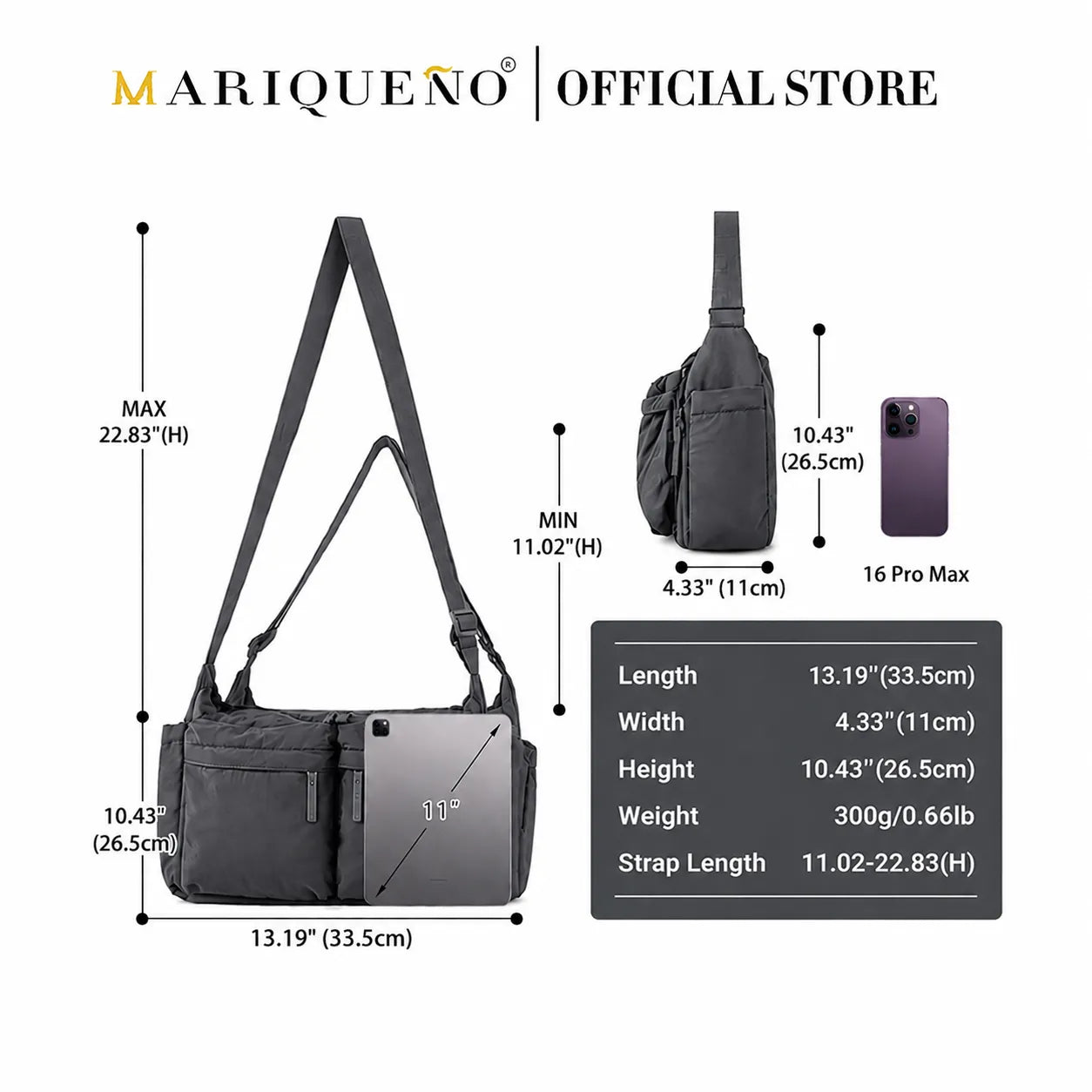 Gray crossbody bag with measurements and details on a white background, featuring the Mariqueno brand.
#color_dark gray