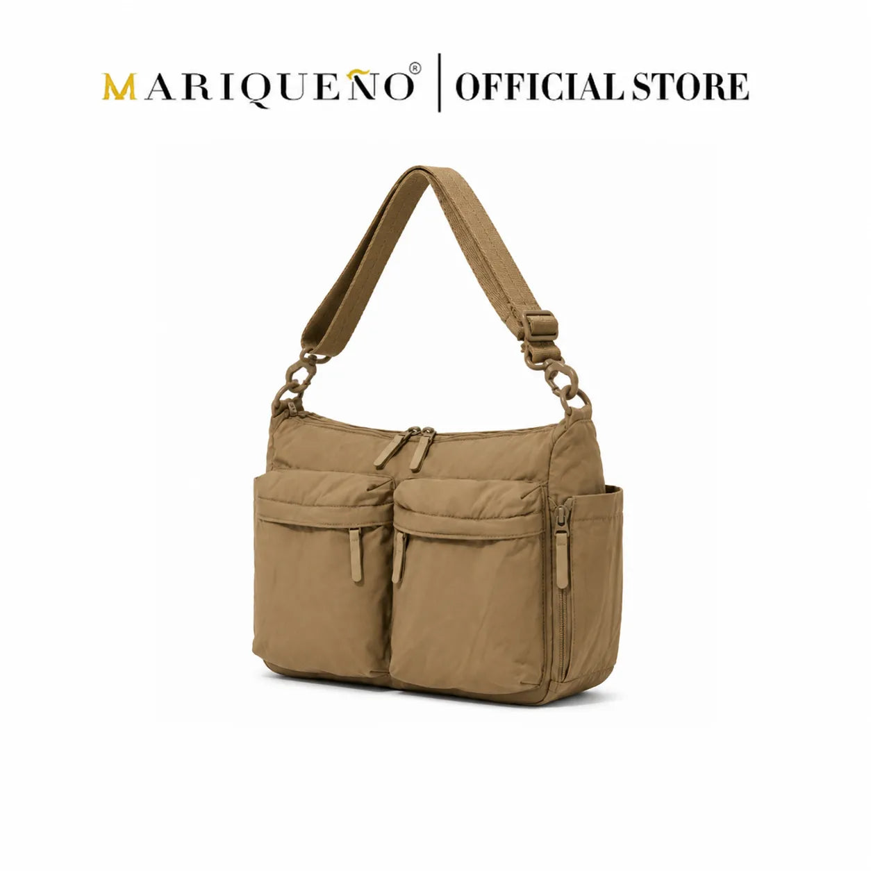 Brown shoulder bag with multiple pockets on a white background, featuring the Marqueno brand.
#color_khaki