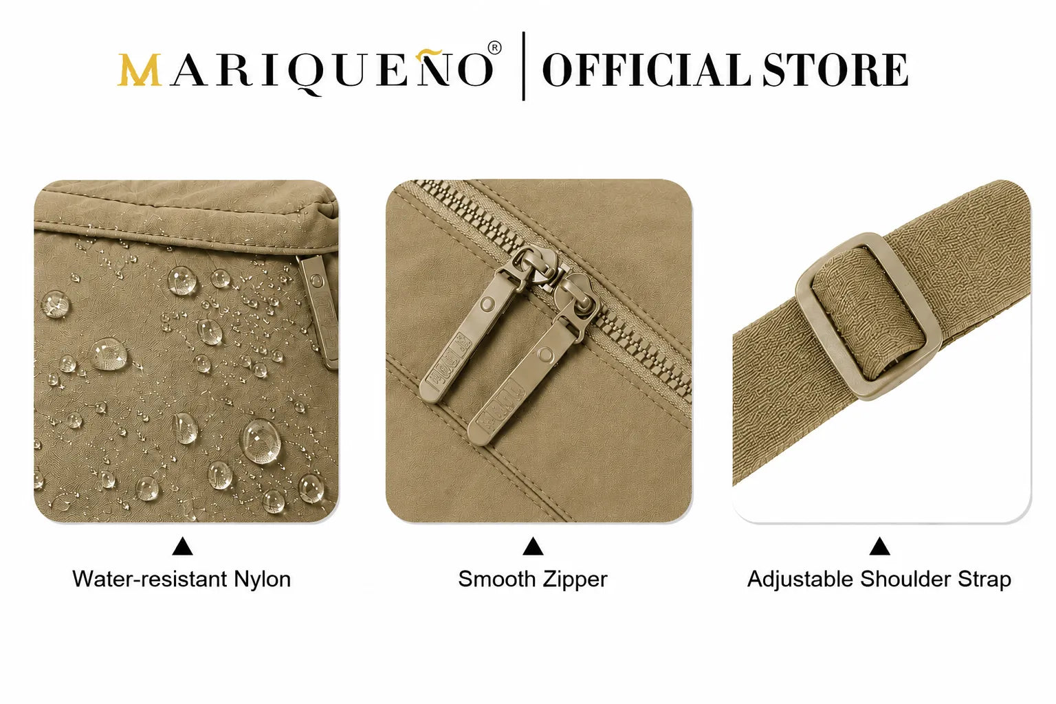 Product features of a bag with water-resistant nylon, smooth zipper, and adjustable shoulder strap, branded as Mariqueno.
#color_khaki