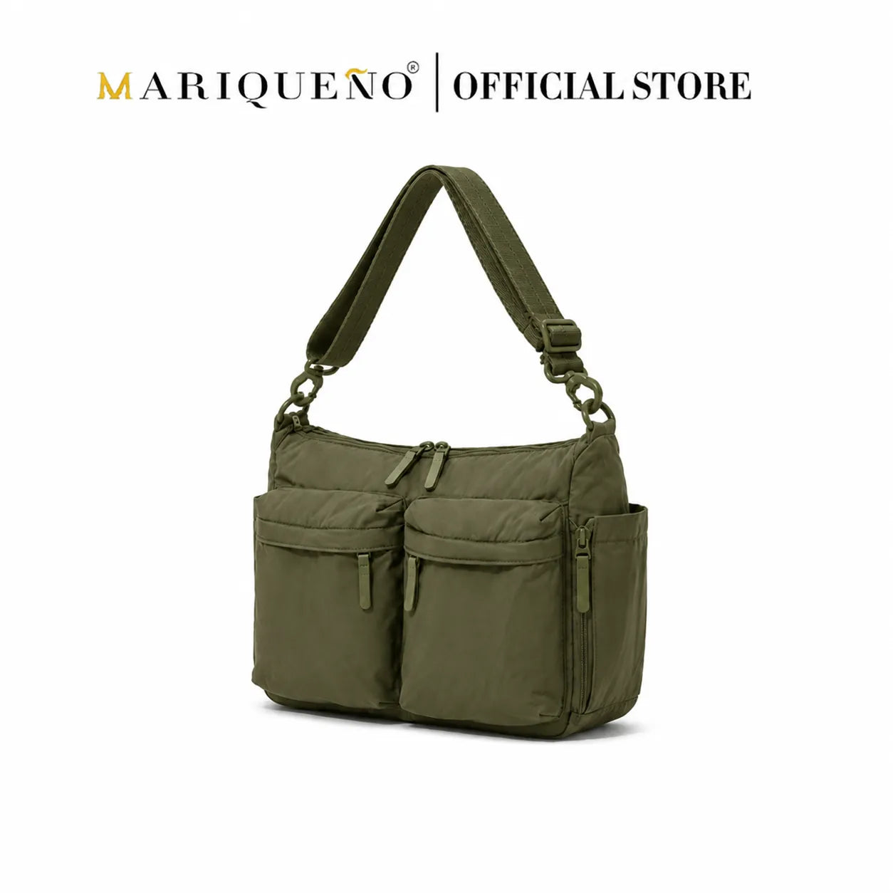 Green shoulder bag with multiple pockets on a white background, featuring the Mariqueno brand.
#color_olive green