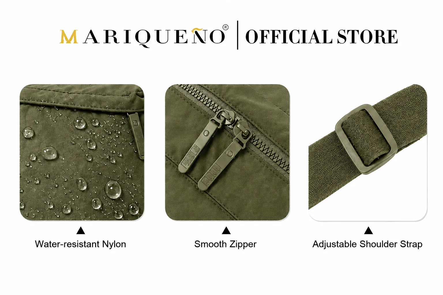 Green bag with water-resistant nylon, smooth zipper, and adjustable shoulder strap features.
#color_olive green
