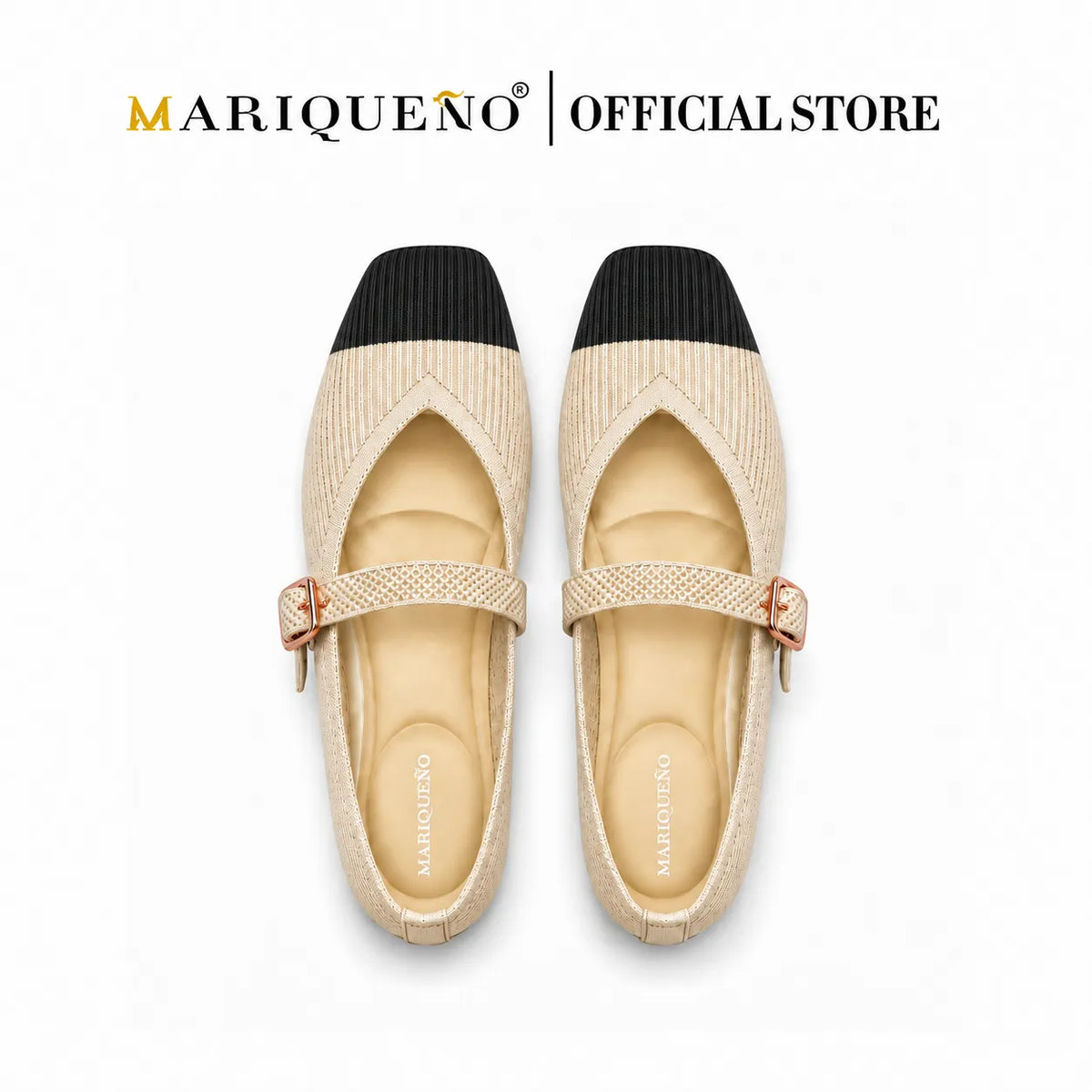 A pair of Mariqueno Mary Jane flats with a beige woven upper, a black ribbed toe cap, and a matching beige strap with a small gold buckle, shown on a white background with the Mariqueno Official Store logo at the top.
#color_2 toned