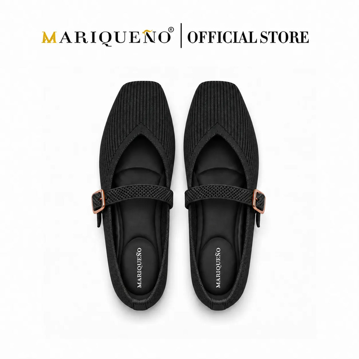A pair of black Mary Jane flats with a textured knit upper, adjustable elastic straps, and rose gold buckle details, shown from a top-down view on a white background with the 'Mariqueno | Official Store' logo at the top.
#color_black