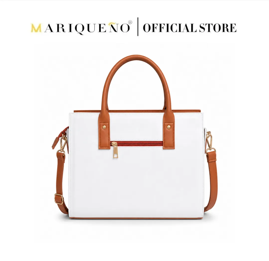 White handbag with brown handles and straps on a white background, featuring the Mariqueño brand.
#color_white