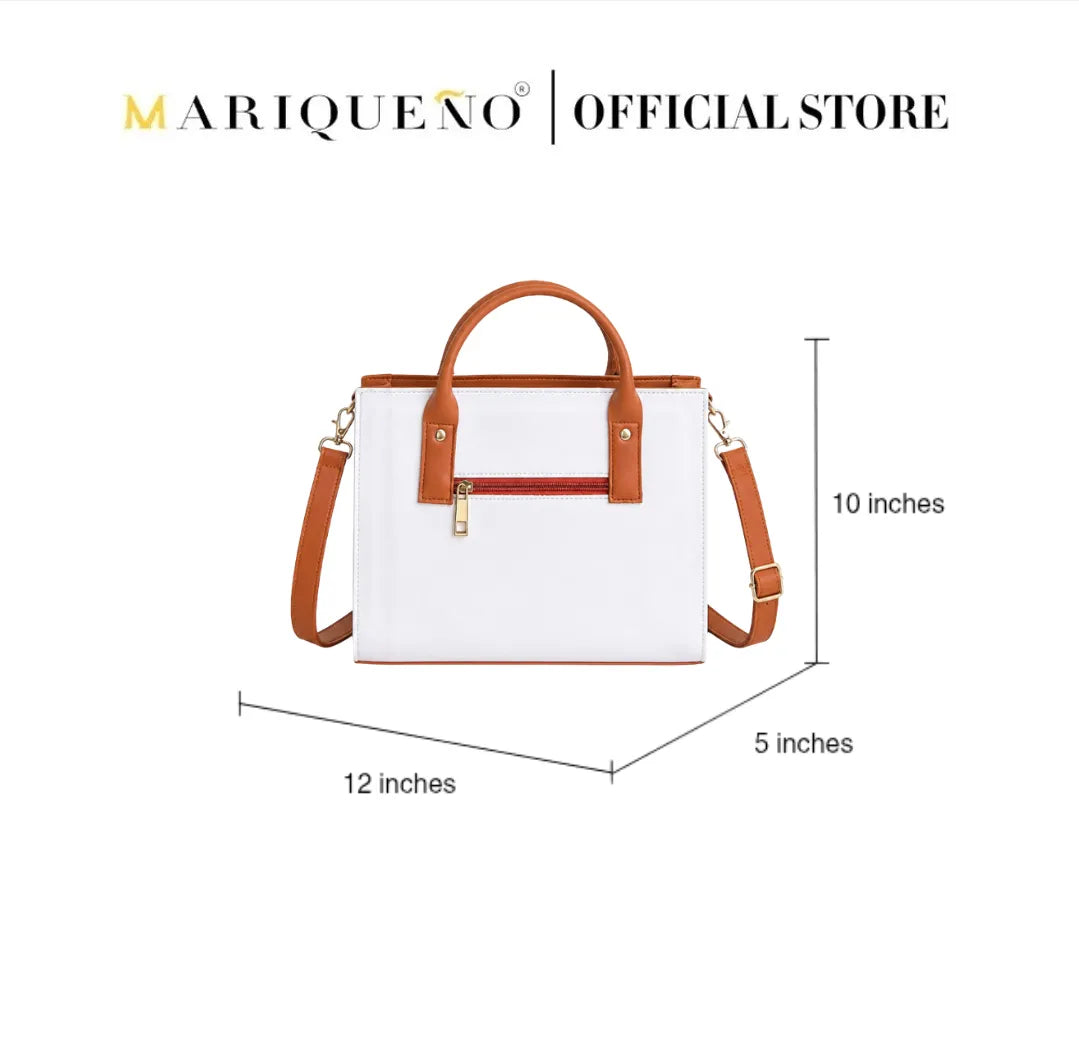 White handbag with brown handles and straps, displayed with dimensions on a white background, featuring the Mariqueño brand.
#color_white