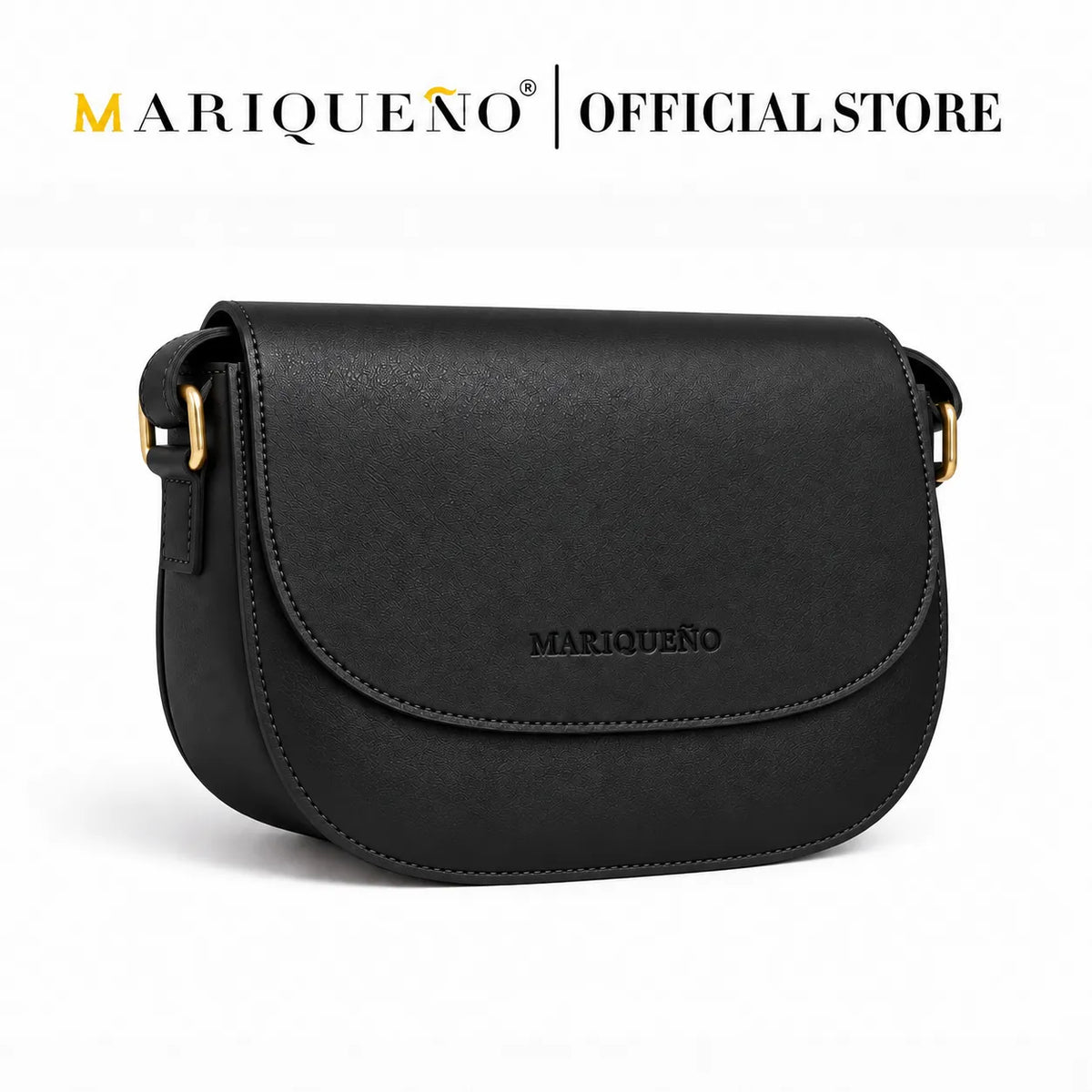 Black shoulder bag with 'Marqueéno' branding on a white background
#color_black