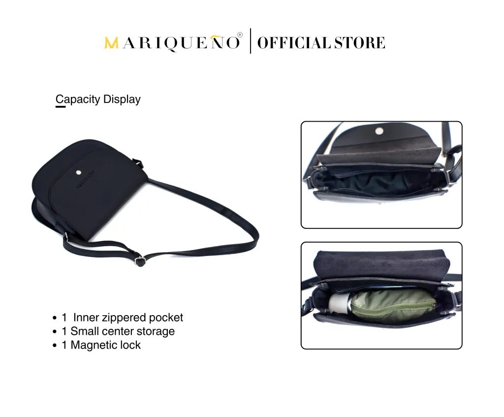 Black crossbody bag with features highlighted, branded as 'MARIQUENO'.
#color_black