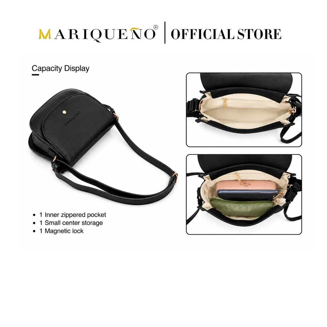 Black crossbody bag with features highlighted, branded as 'MARIQUENO'.
#color_black
