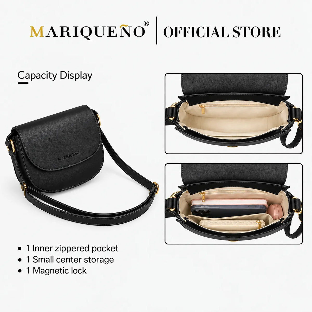 Black crossbody bag with features highlighted, branded as 'MARIQUENO'.
#color_black