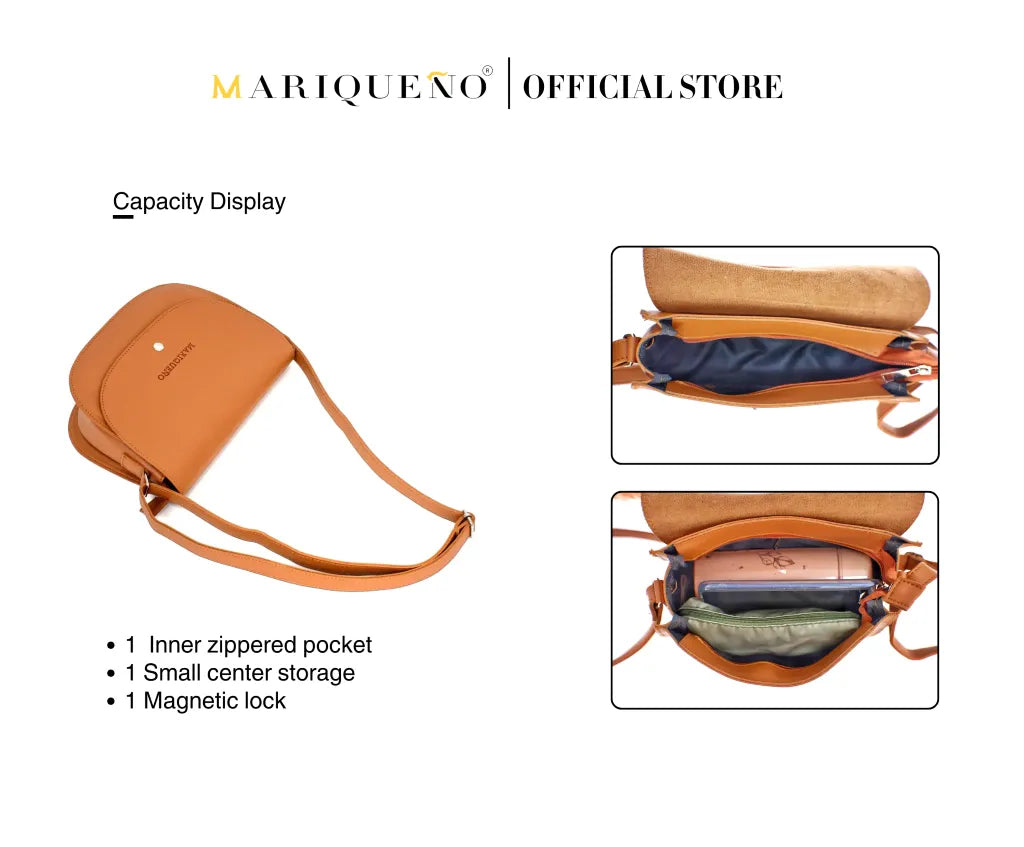 Brown leather bag with features highlighted, branded as 'MARIQUENO'.
#color_tan brown