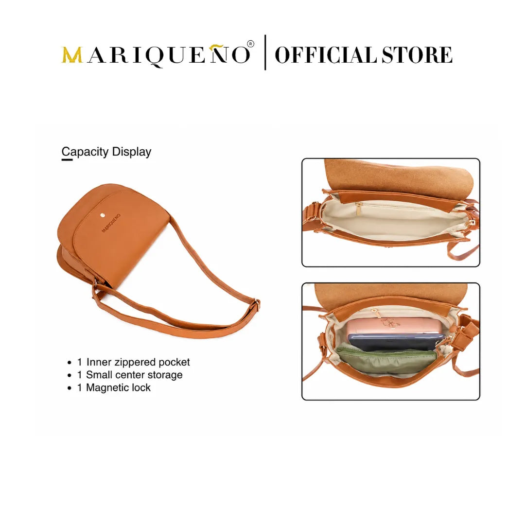 Brown leather bag with features highlighted, branded as 'MARIQUENO'.
#color_tan brown