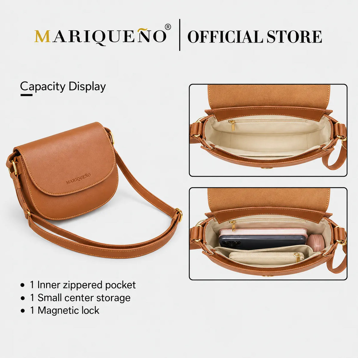 Tan leather crossbody bag shown on a white background with product details, capacity display text, and two inset photos showing the interior compartments. The top banner reads 'MARIQUENO | OFFICIALSTORE'.
#color_tan brown