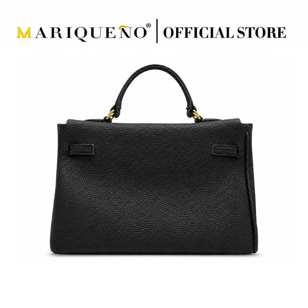 A black pebbled leather handbag with top handles and gold-tone hardware, shown against a plain white background with 'MARIQUEÑO | OFFICIAL STORE' text at the top.
#color_black