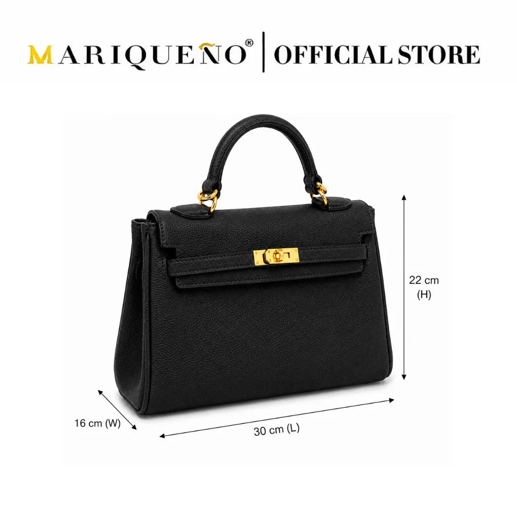 Black textured leather handbag with gold-tone hardware, shown on a white background with dimension lines and text indicating measurements: 30 cm length, 16 cm width, and 22 cm height. The text 'MARIQUENO | OFFICIAL STORE' appears at the top.
#color_black