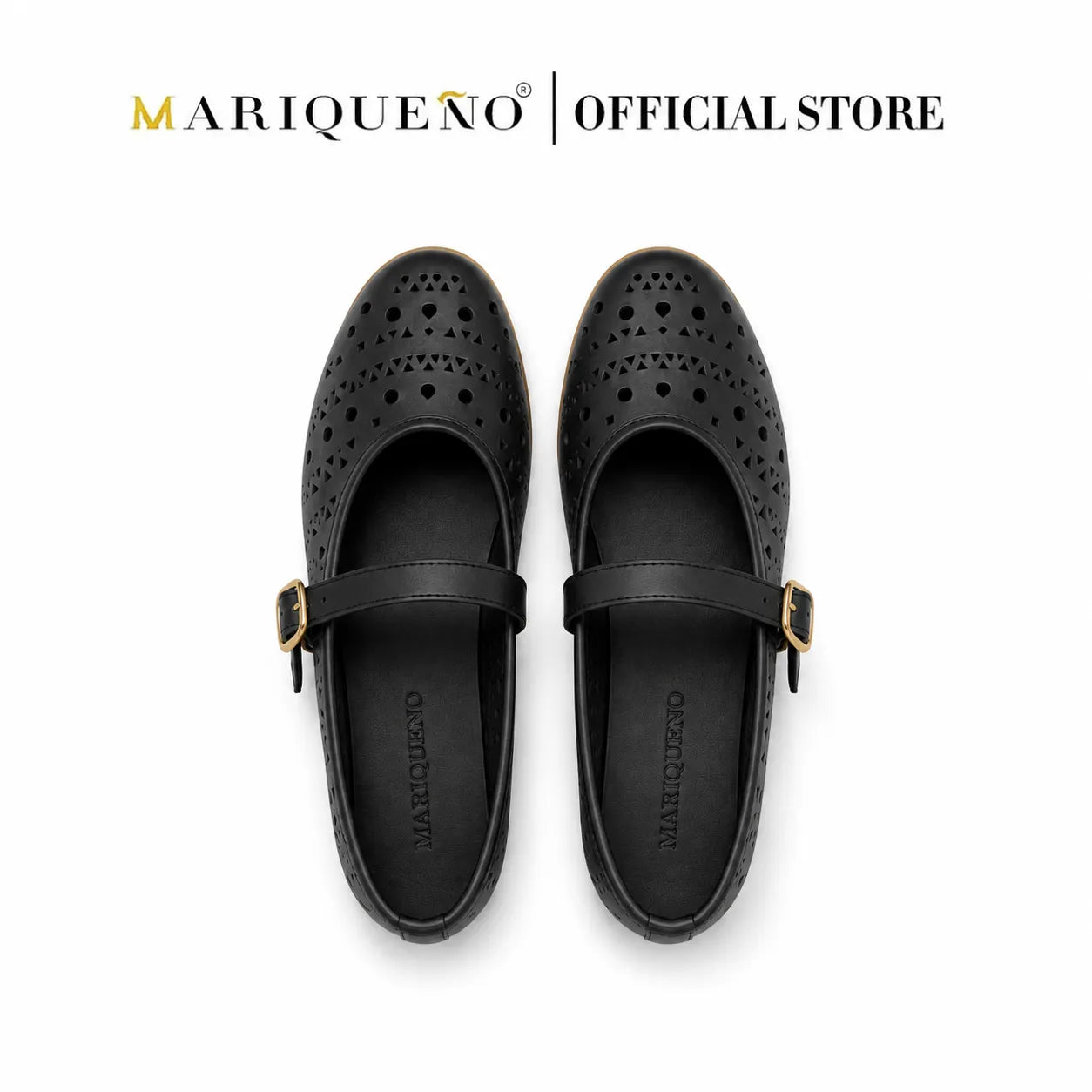 A pair of black Mariqueno perforated Mary Jane shoes with gold buckle straps, shown from a top-down view on a white background with the 'Mariqueno | Official Store' logo at the top.
#color_black