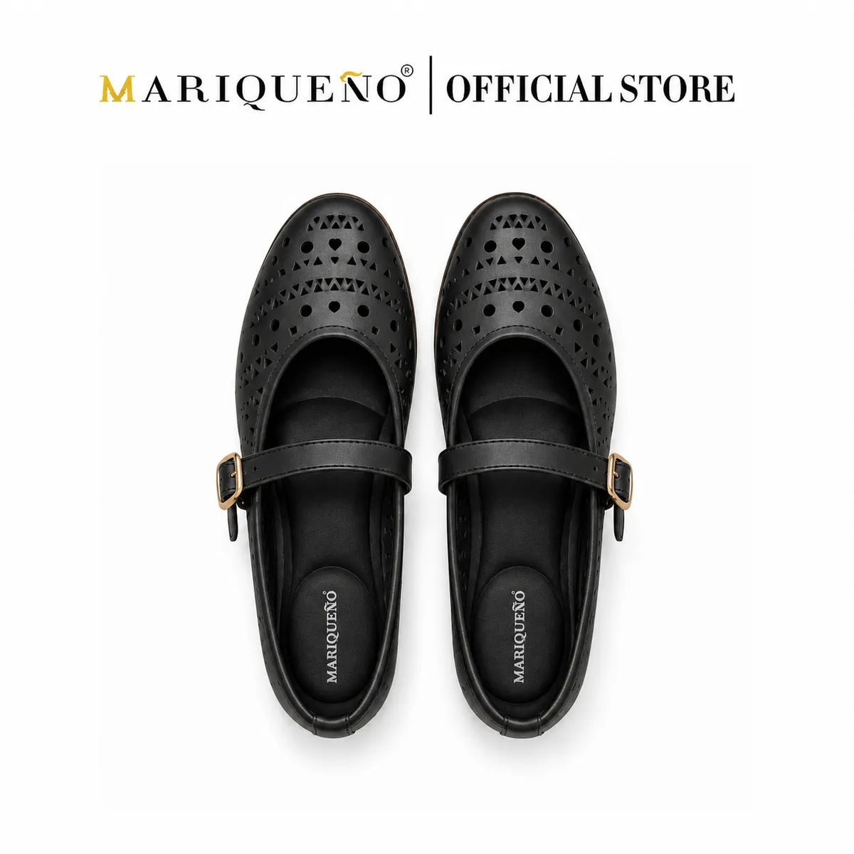 A pair of black Mariqueno perforated Mary Jane shoes with gold buckle straps, shown from a top-down view on a white background with the 'Mariqueno | Official Store' logo at the top.
#color_black