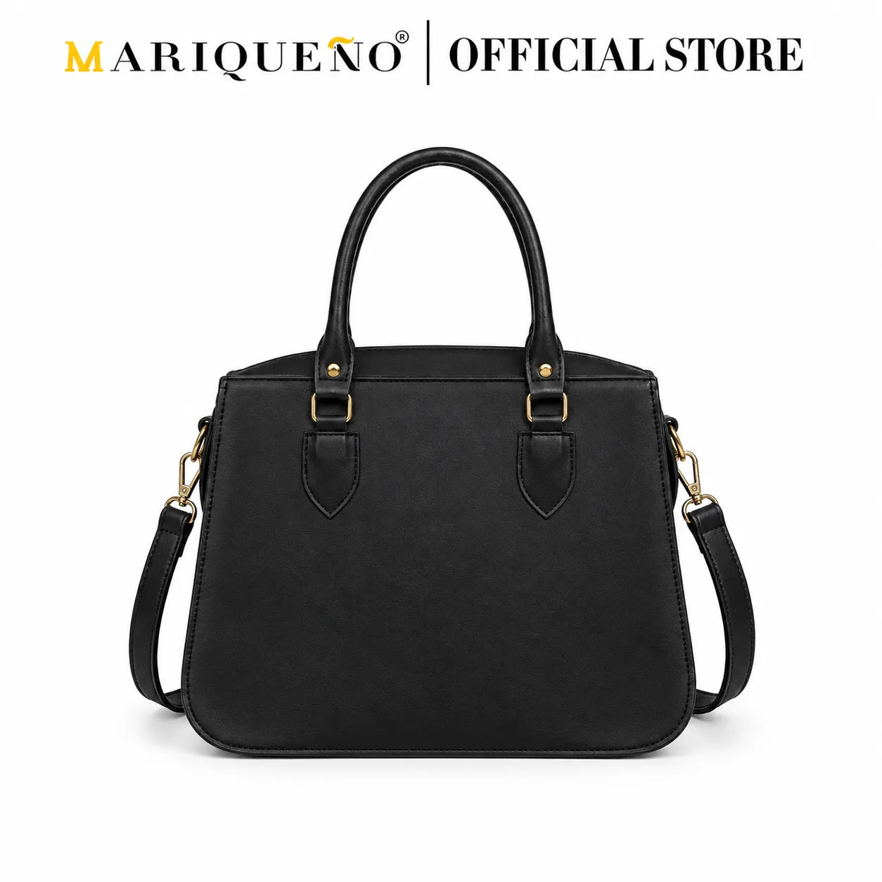 Black handbag with gold accents on a white background, featuring the Mariqueño brand.
#color_black