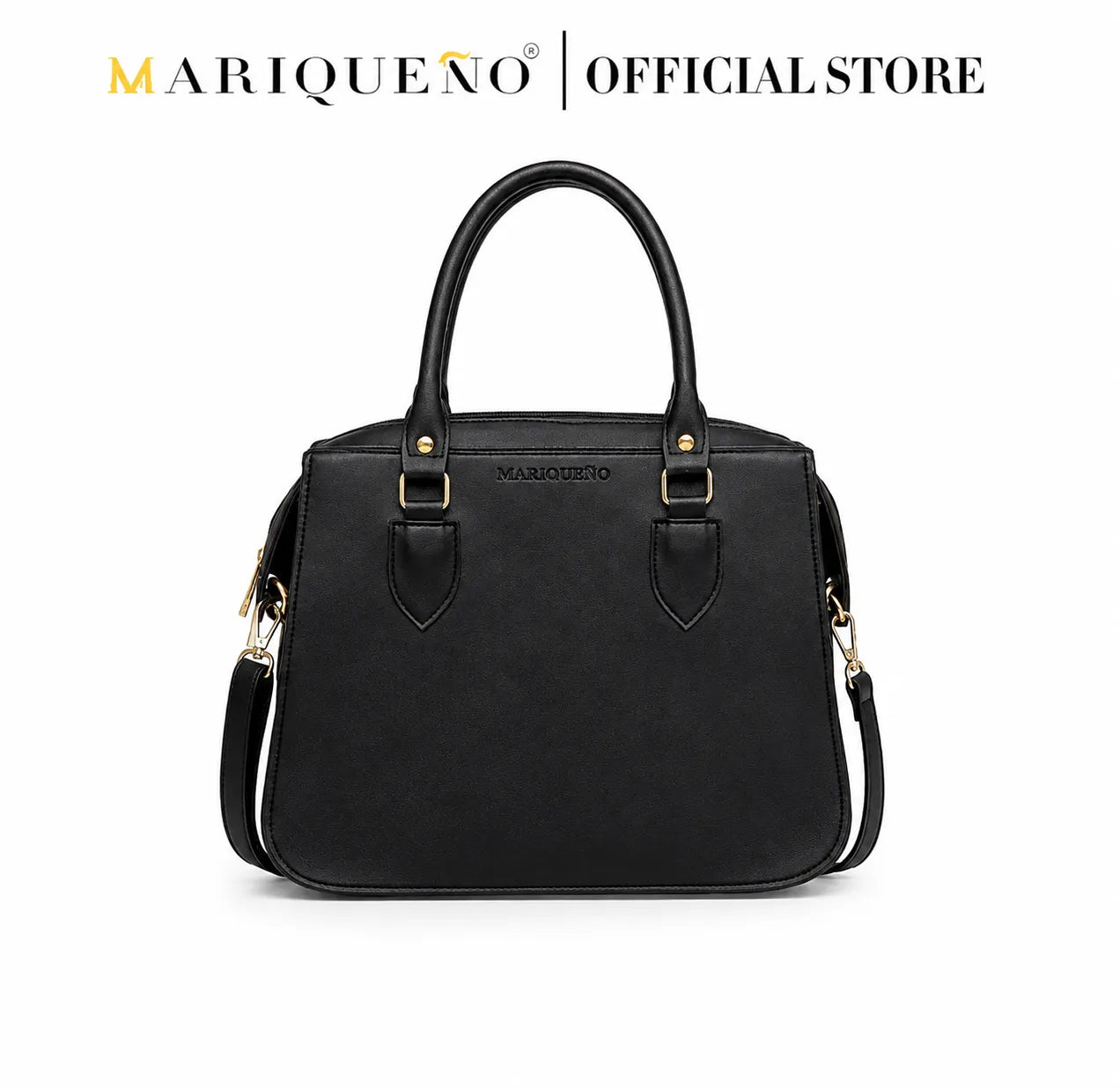Navy blue handbag with a strap on a white background, featuring the Mariqueño brand.
#color_black