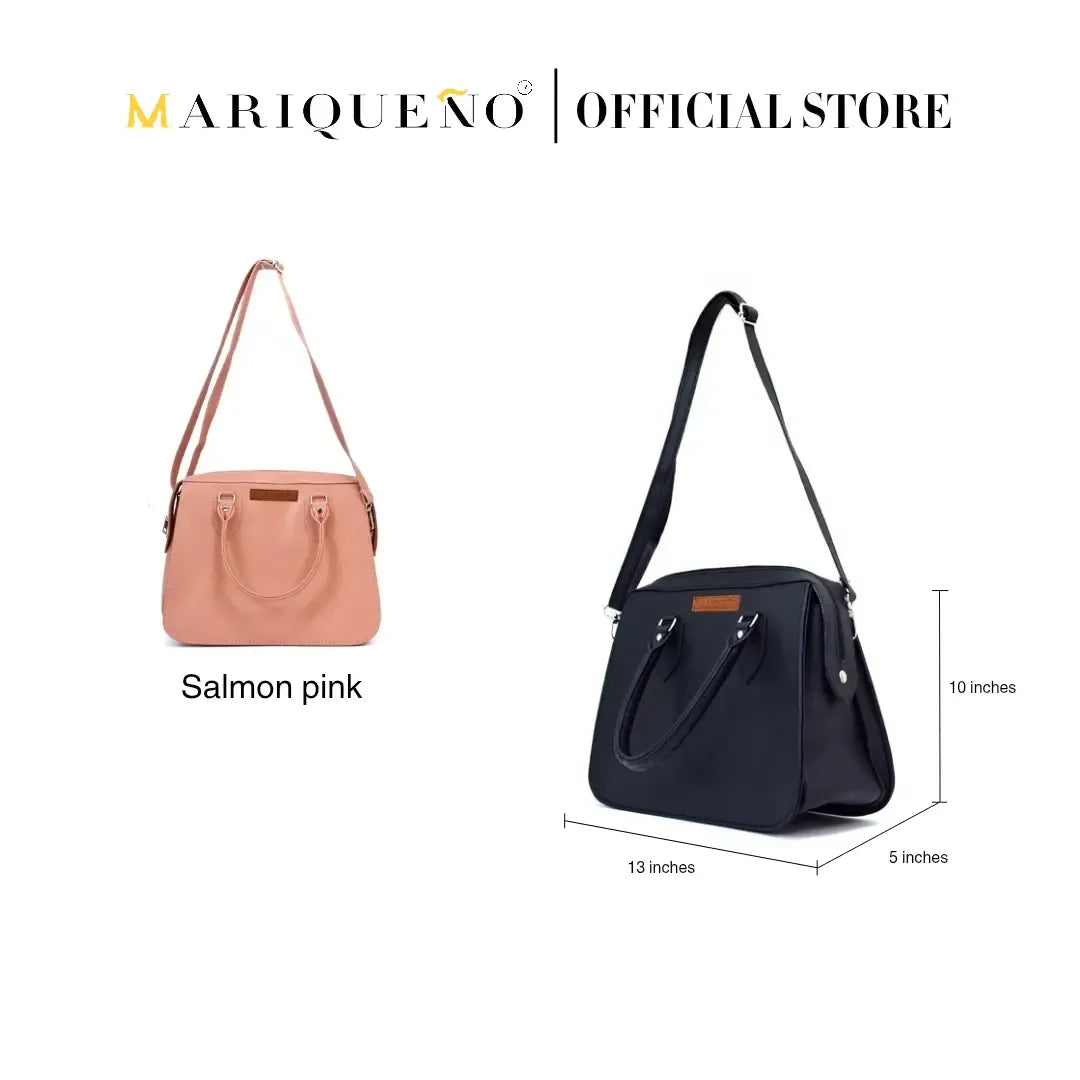 Salmon pink and navy blue handbags with dimensions on a white background, branded as Mariqueno.
#color_black