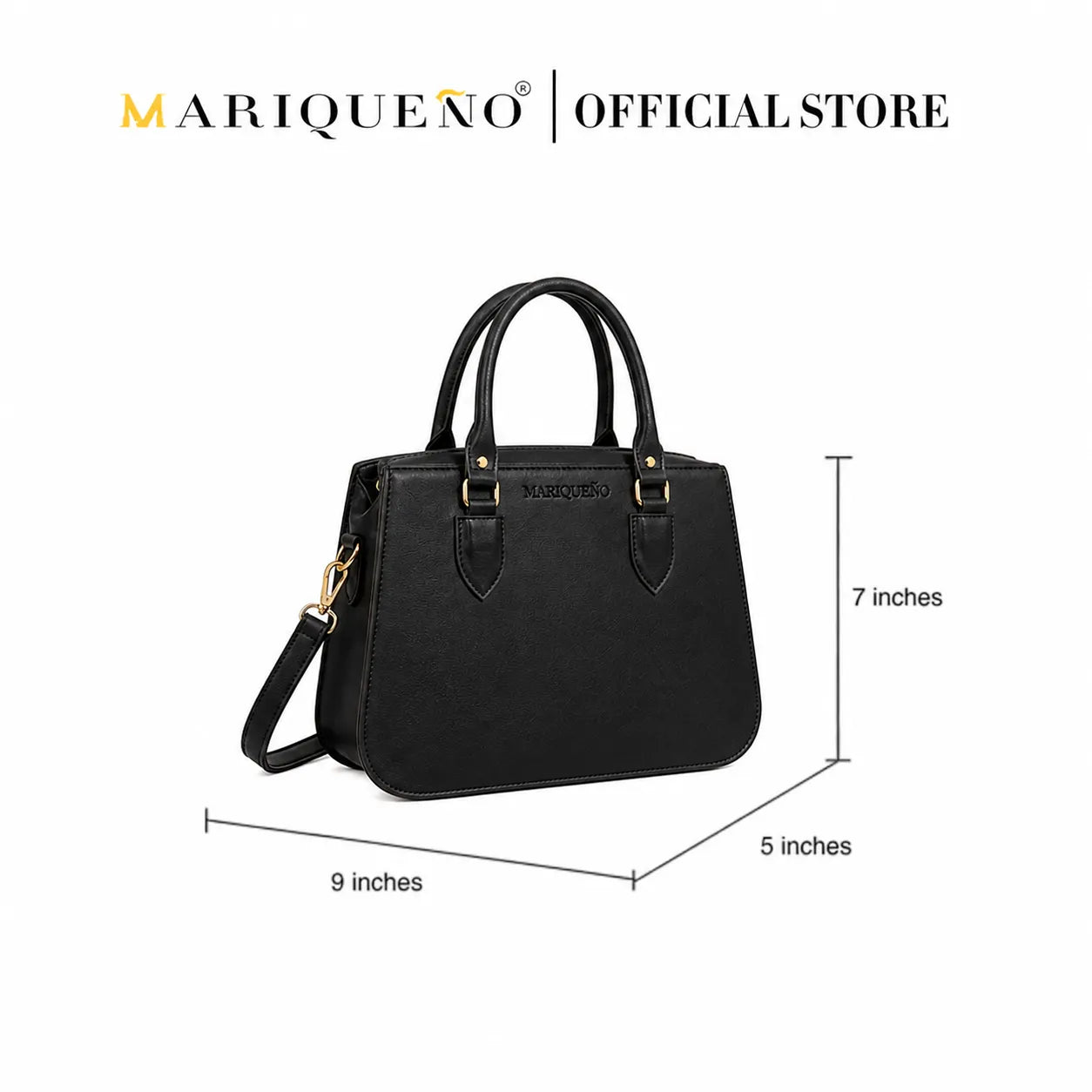 Salmon pink and navy blue handbags with dimensions on a white background, branded as Mariqueno.
#color_black