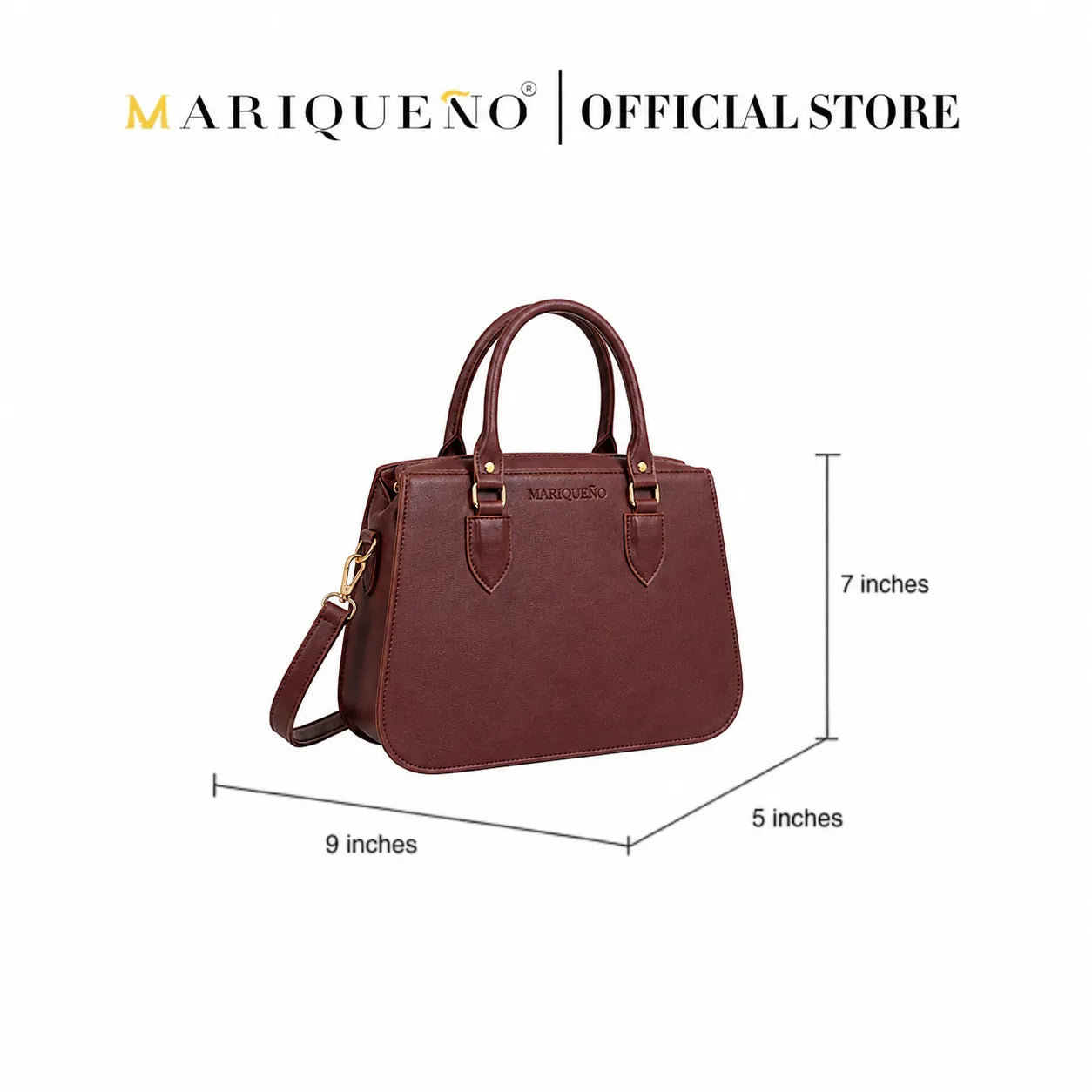 Brown handbag with dimensions labeled on a white background, featuring the Mariqueño brand.
#color_choco brown