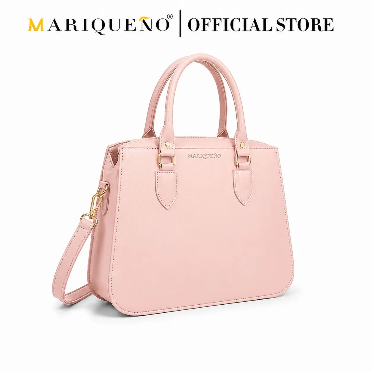 Pink handbag with shoulder strap on a white background, featuring the Mariqueño brand.
#color_salmon pink