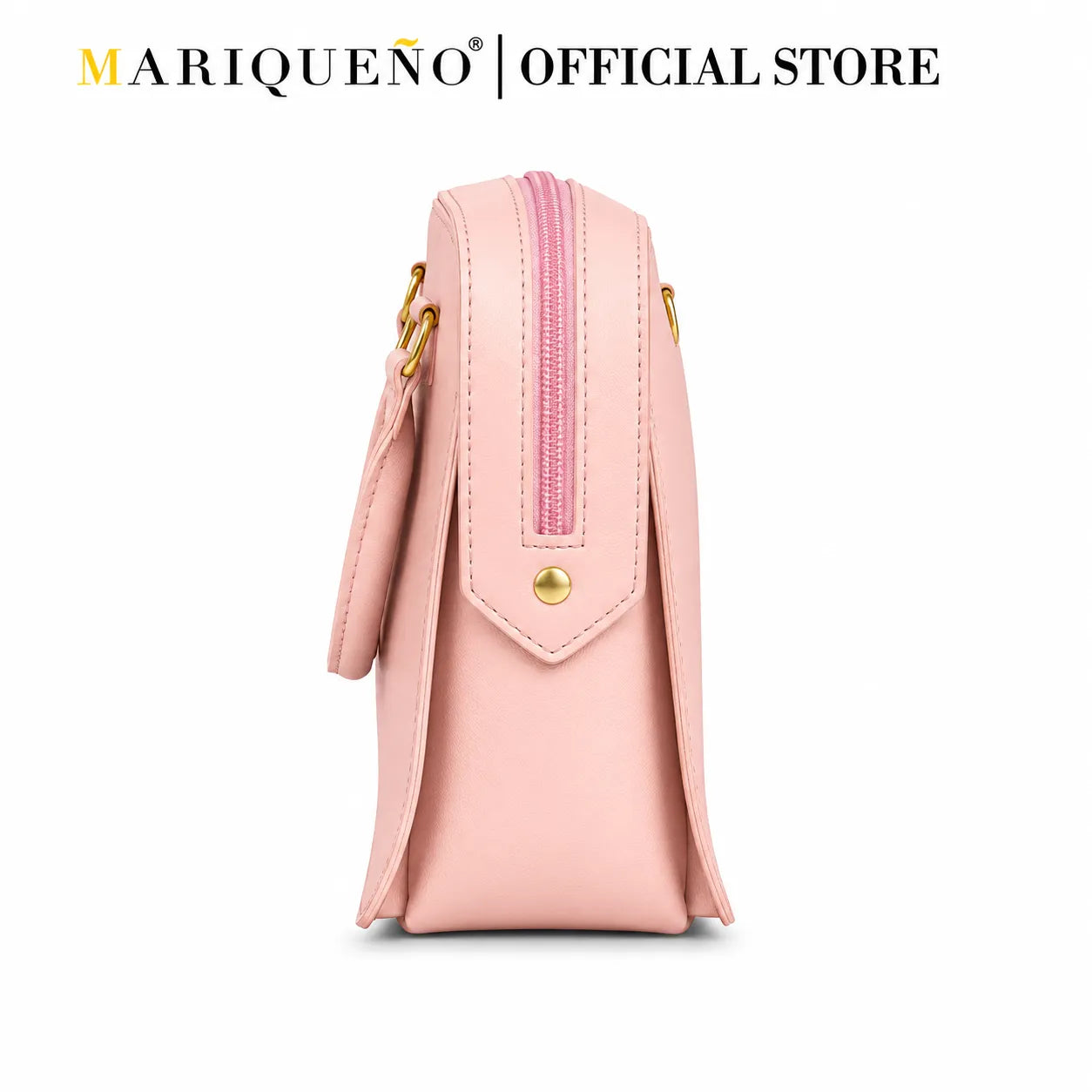 Pink handbag with gold accents on a white background, branded as MARIQUENO Official Store.
#color_salmon pink