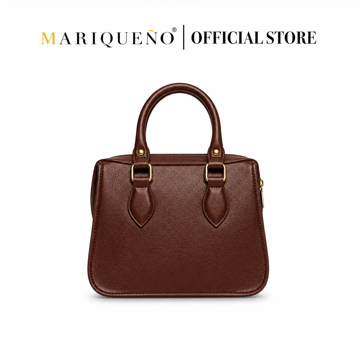 Brown handbag with gold accents on a white background, featuring the Mariqueno brand.
#color_choco brown