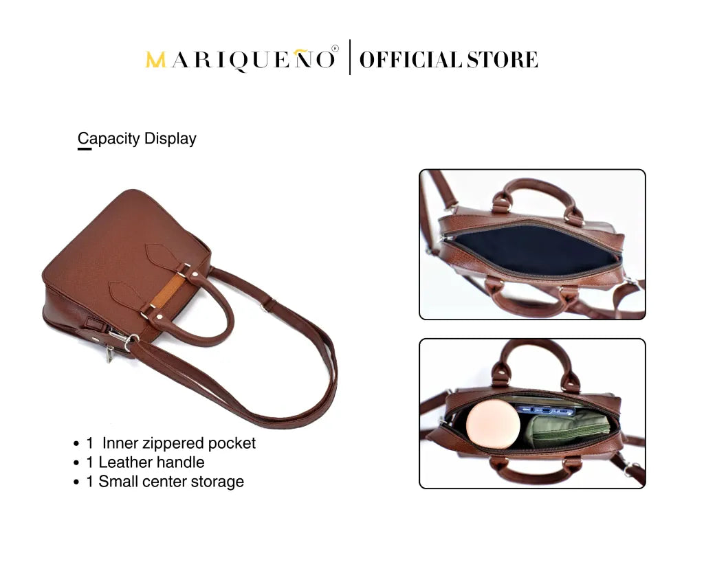 Brown leather handbag with features highlighted on a white background, branded as 'MARIQUENO'.
#color_choco brown