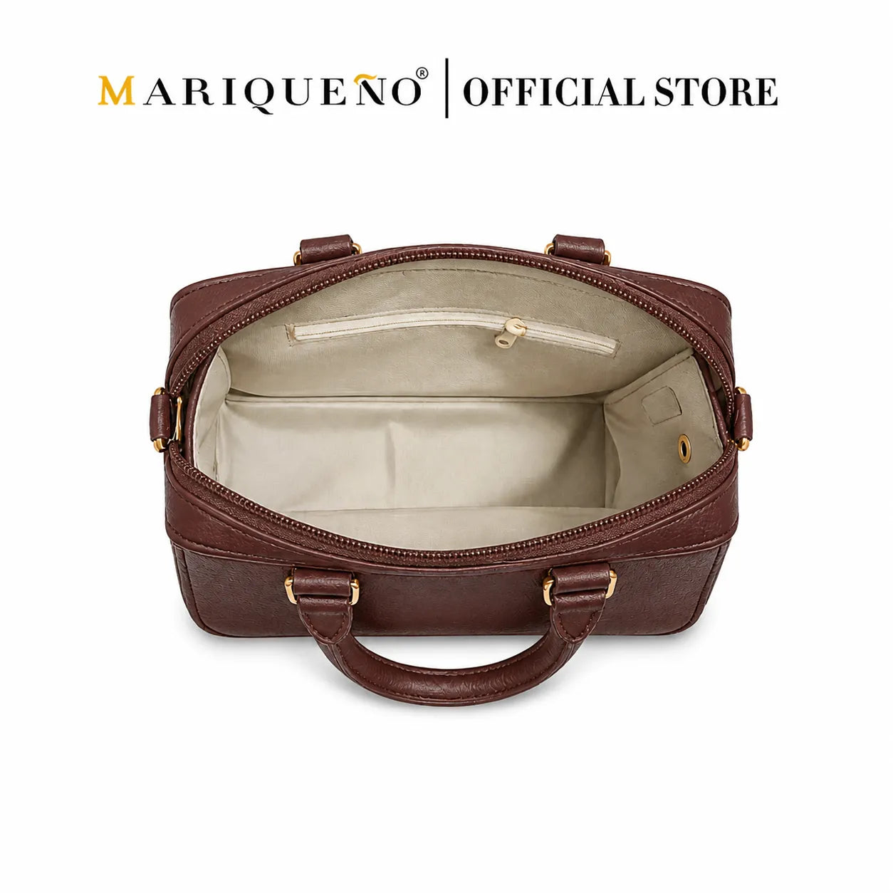 Brown leather handbag with features highlighted on a white background, branded as 'MARIQUENO'.
#color_choco brown