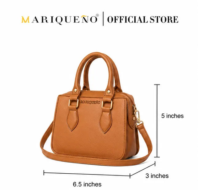 Brown handbag with dimensions labeled, featuring the brand 'Mariqueno'.
#color_tan