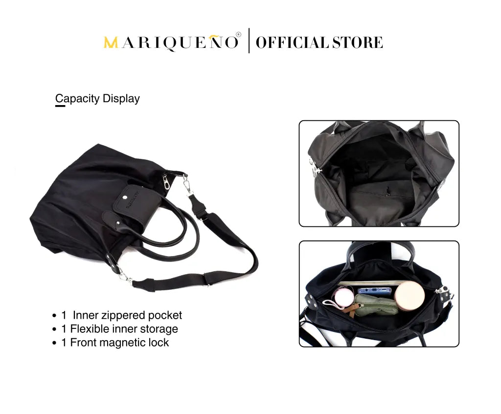 Black handbag with features highlighted, displayed on a white background with 'MARIQUENO'
branding.
#color_black