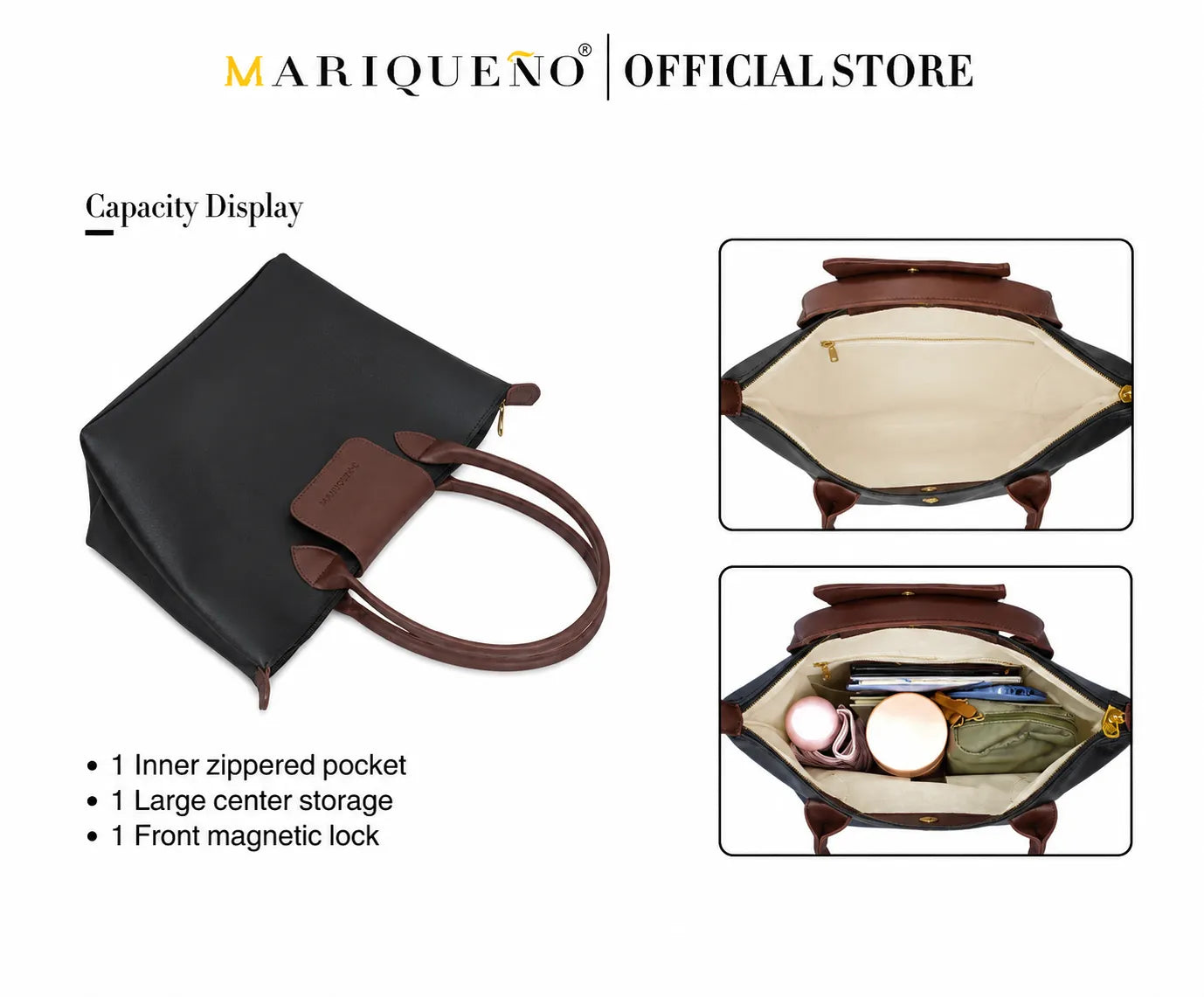 Black handbag with brown accents and features displayed on a white background, branded as MARIQUENO.
#color_black