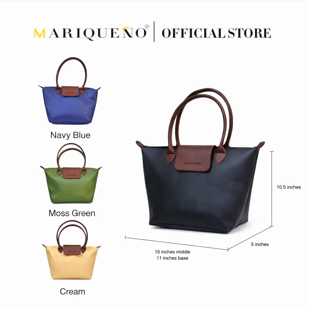 Four handbags in black, blue green, and cream with brown handles and accents, displayed with dimensions on a white background. Brand 'Mariqueno' is visible.
#color_black