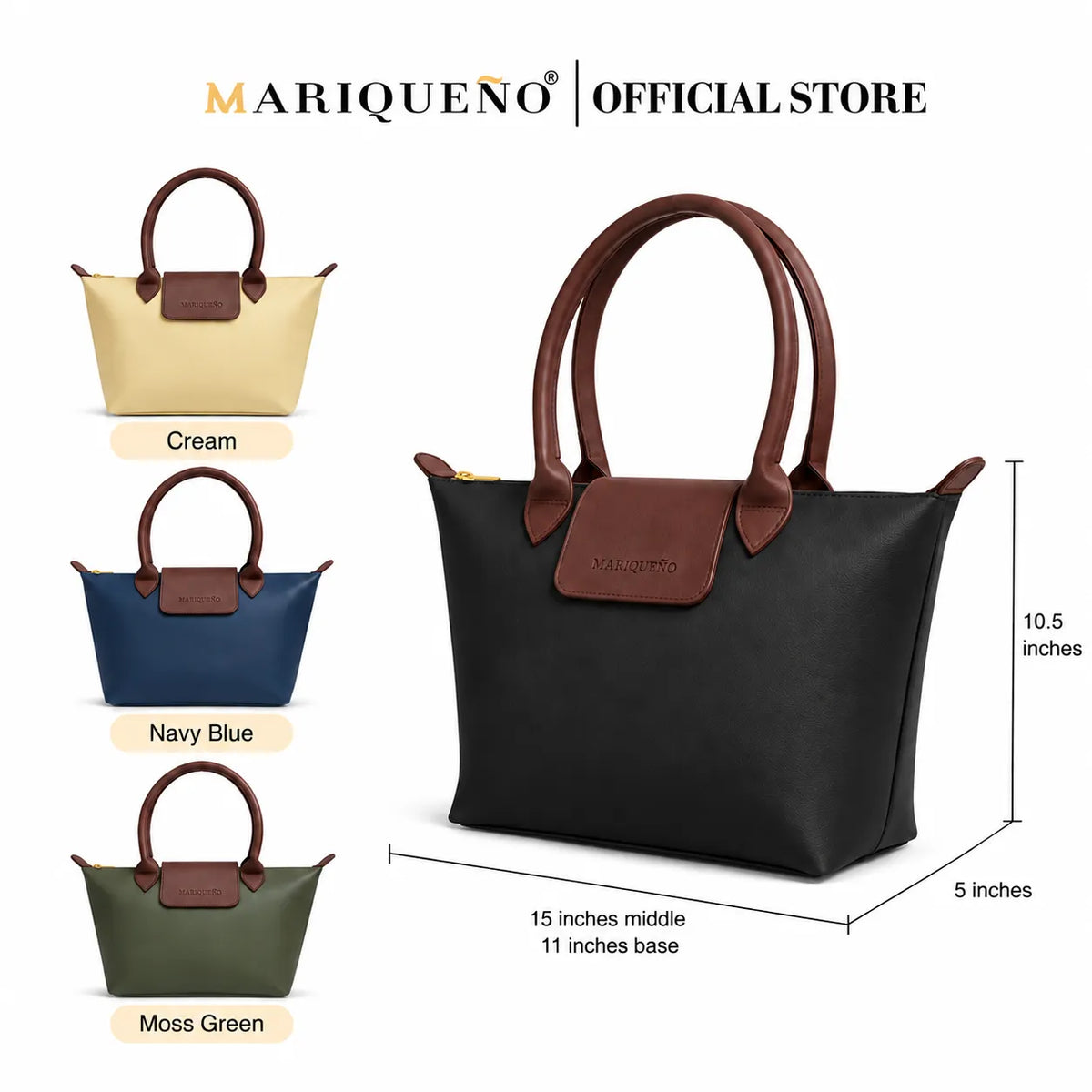 Four handbags in black, blue green, and cream with brown handles and accents, displayed with dimensions on a white background. Brand 'Mariqueno' is visible.
#color_black