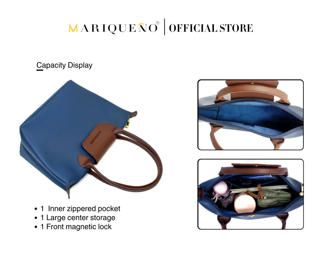 Blue handbag with brown handles and features displayed on a white background
#color_blue