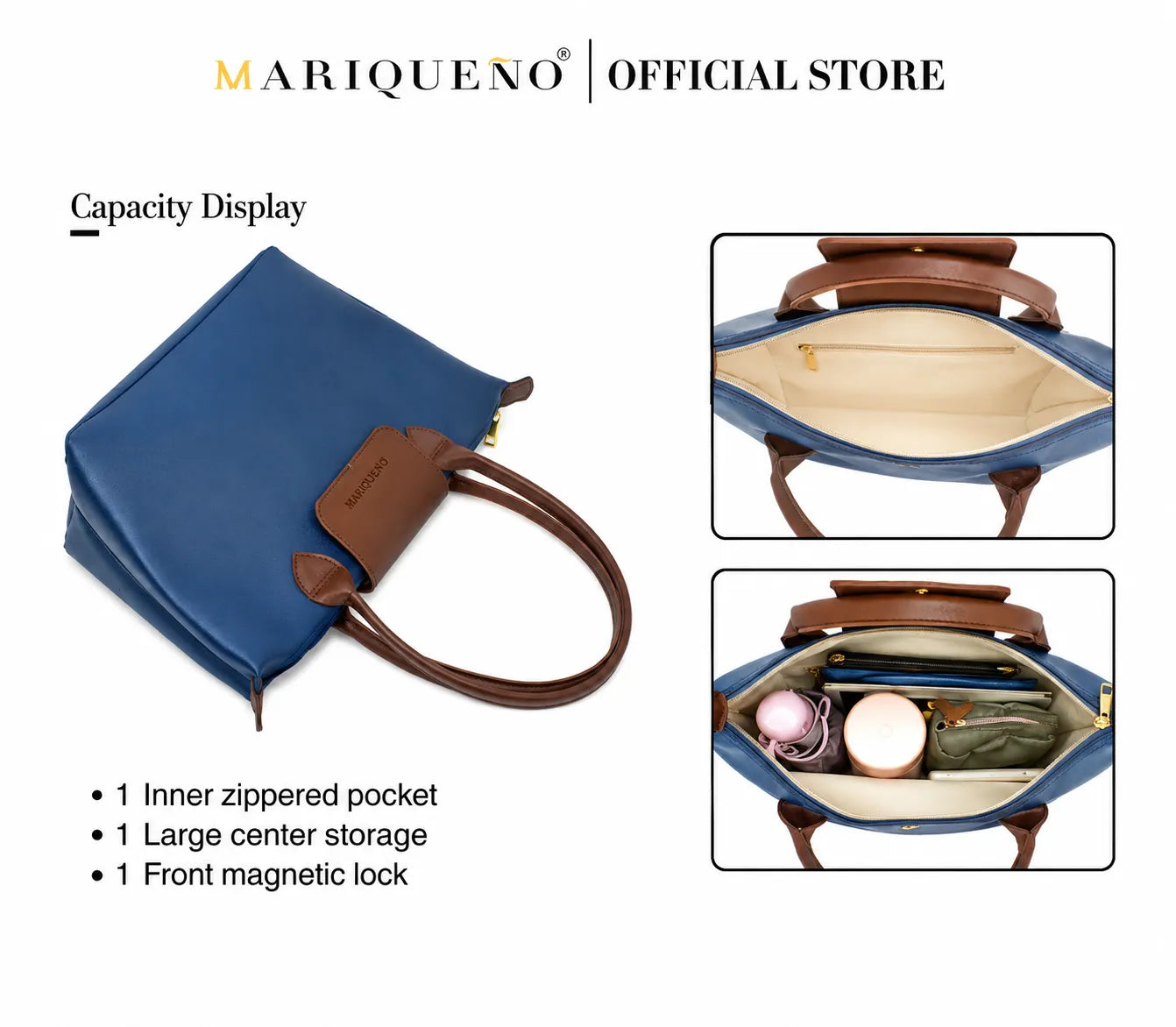 Blue handbag with brown handles and features displayed on a white background
#color_blue